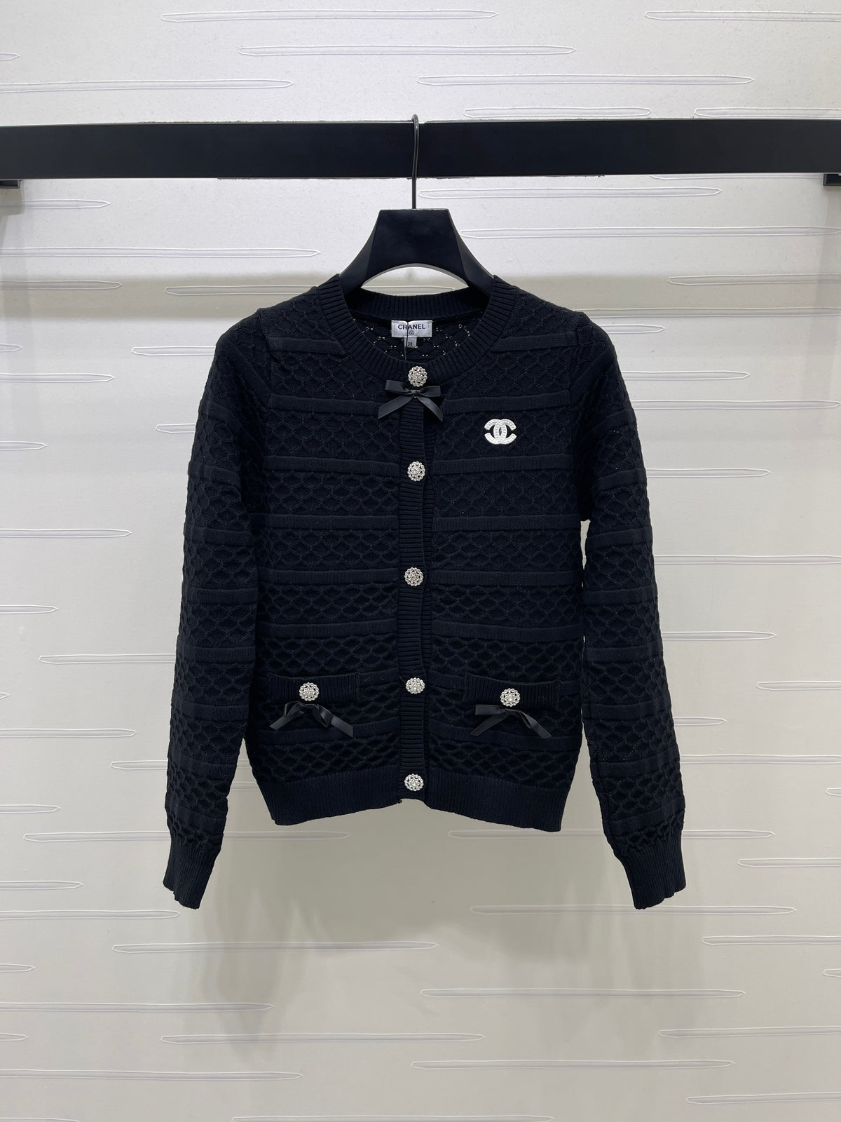 CC 26s Bow Detail Open-Knit Cardigan Black Wool Blend 427249