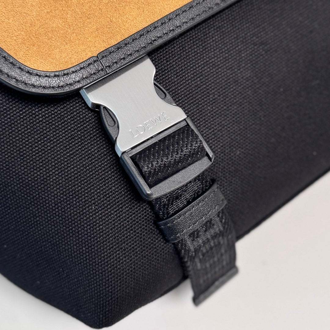 Medium Flex Messenger Black Canvas Brown Suede