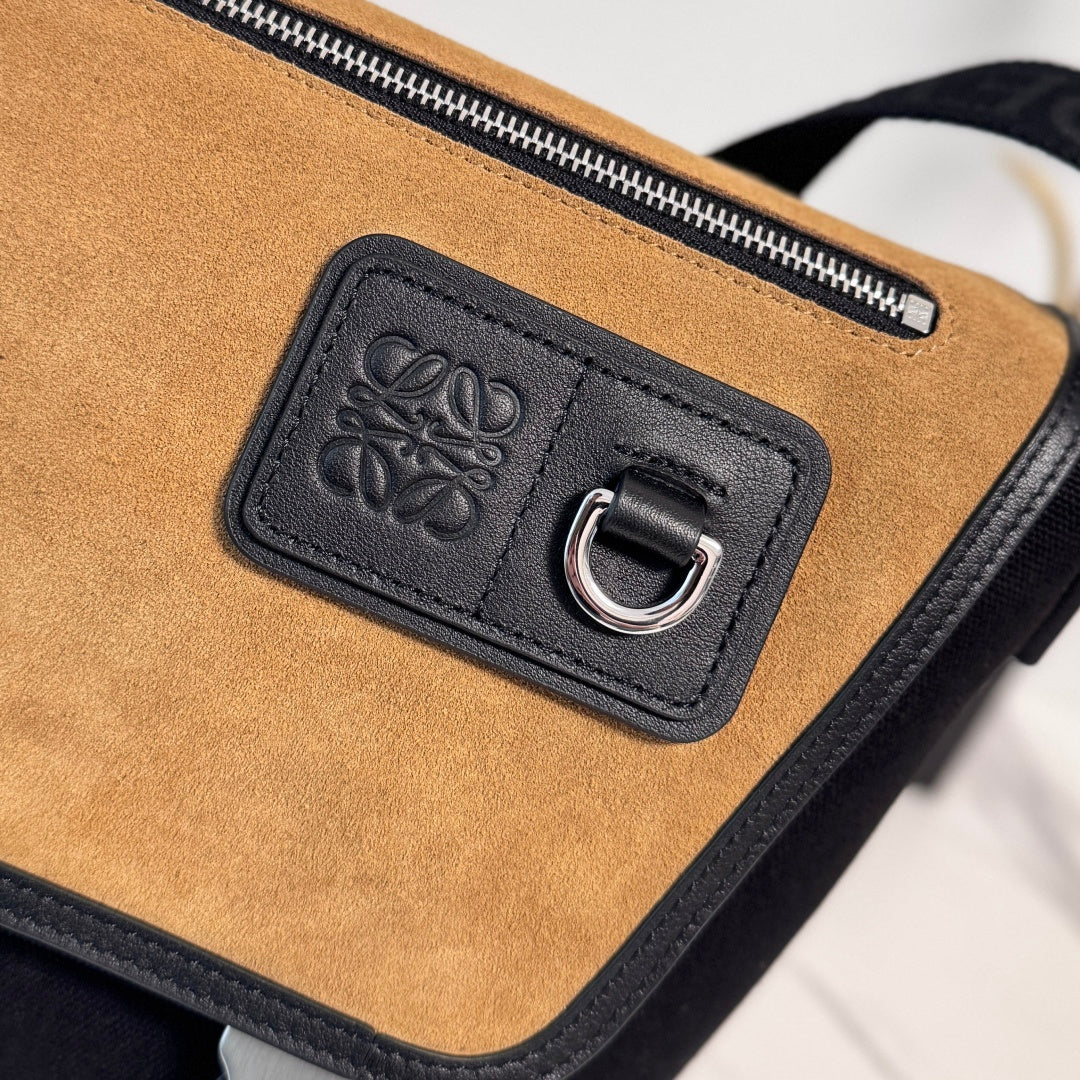 Medium Flex Messenger Black Canvas Brown Suede