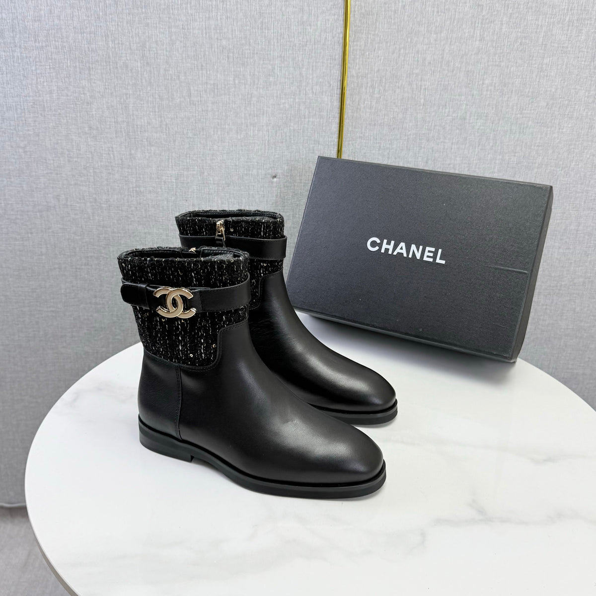 CC 26s Dark Tweed Trim Ankle Boots Black Leather 167518