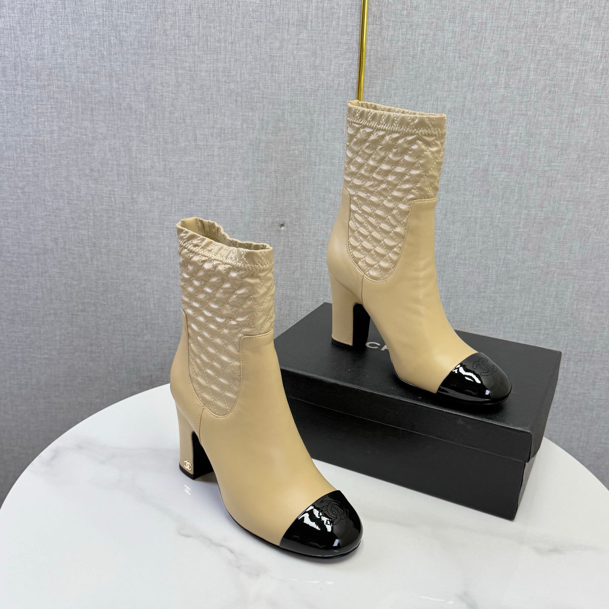 Chanel 26s Quilted Ankle Boots Beige Leather 167803