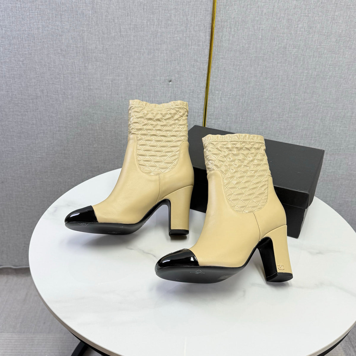 Chanel 26s Quilted Ankle Boots Beige Leather 167803