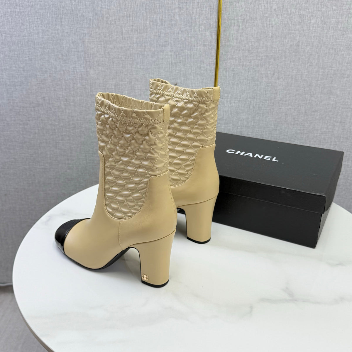 Chanel 26s Quilted Ankle Boots Beige Leather 167803