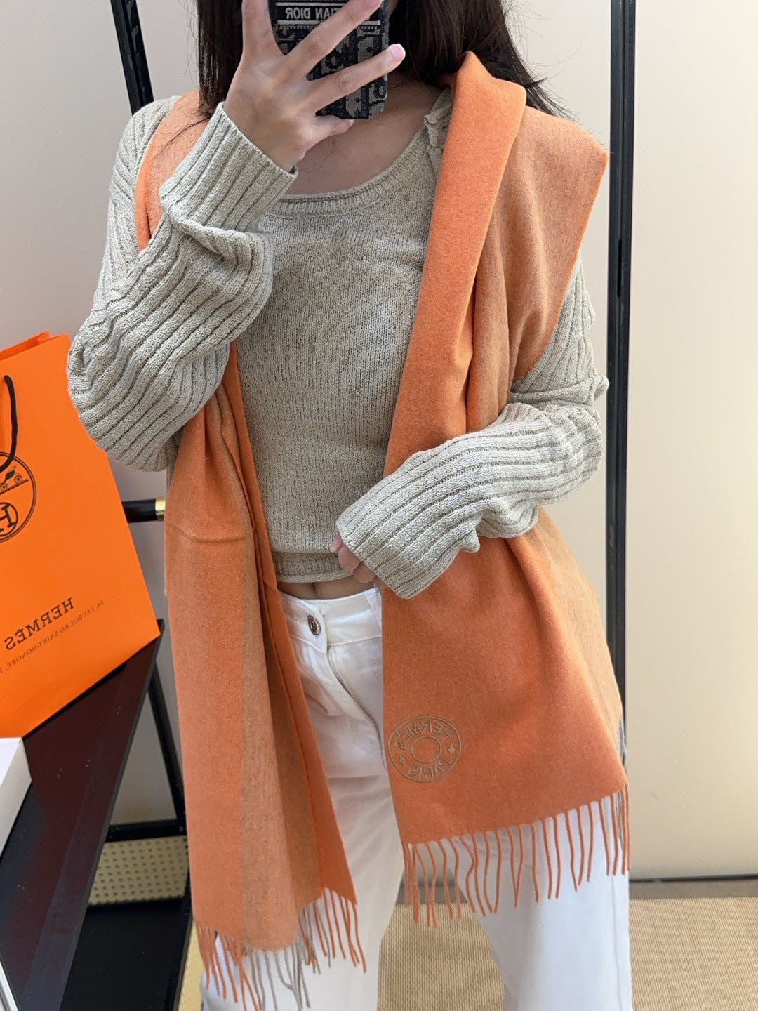 HM Two-Tone Scarf 35*180cm Orange Brown Cashmere 207628