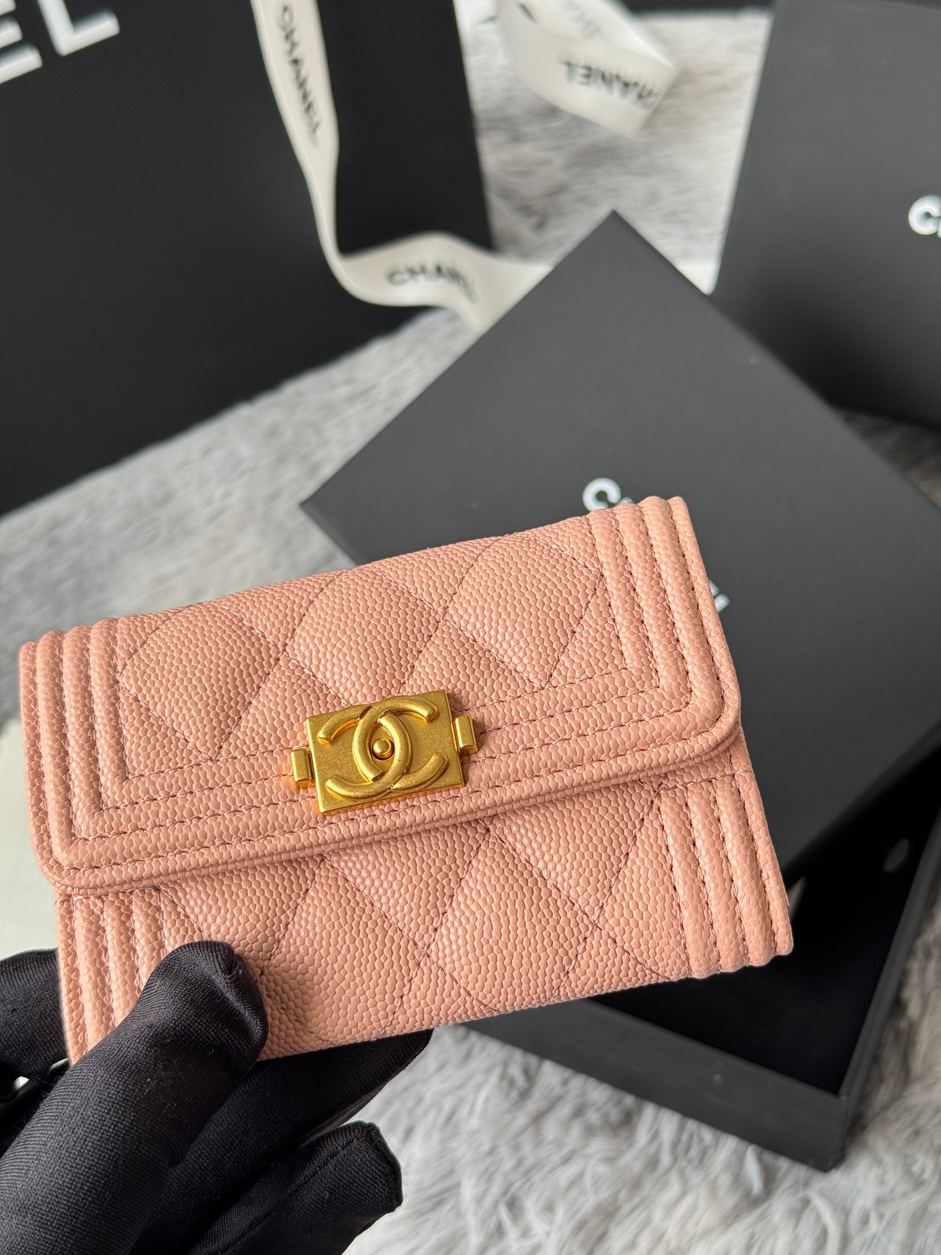 CC Boy Flap Card Holder Light Pink Gold-tone Grained Calfskin 242856