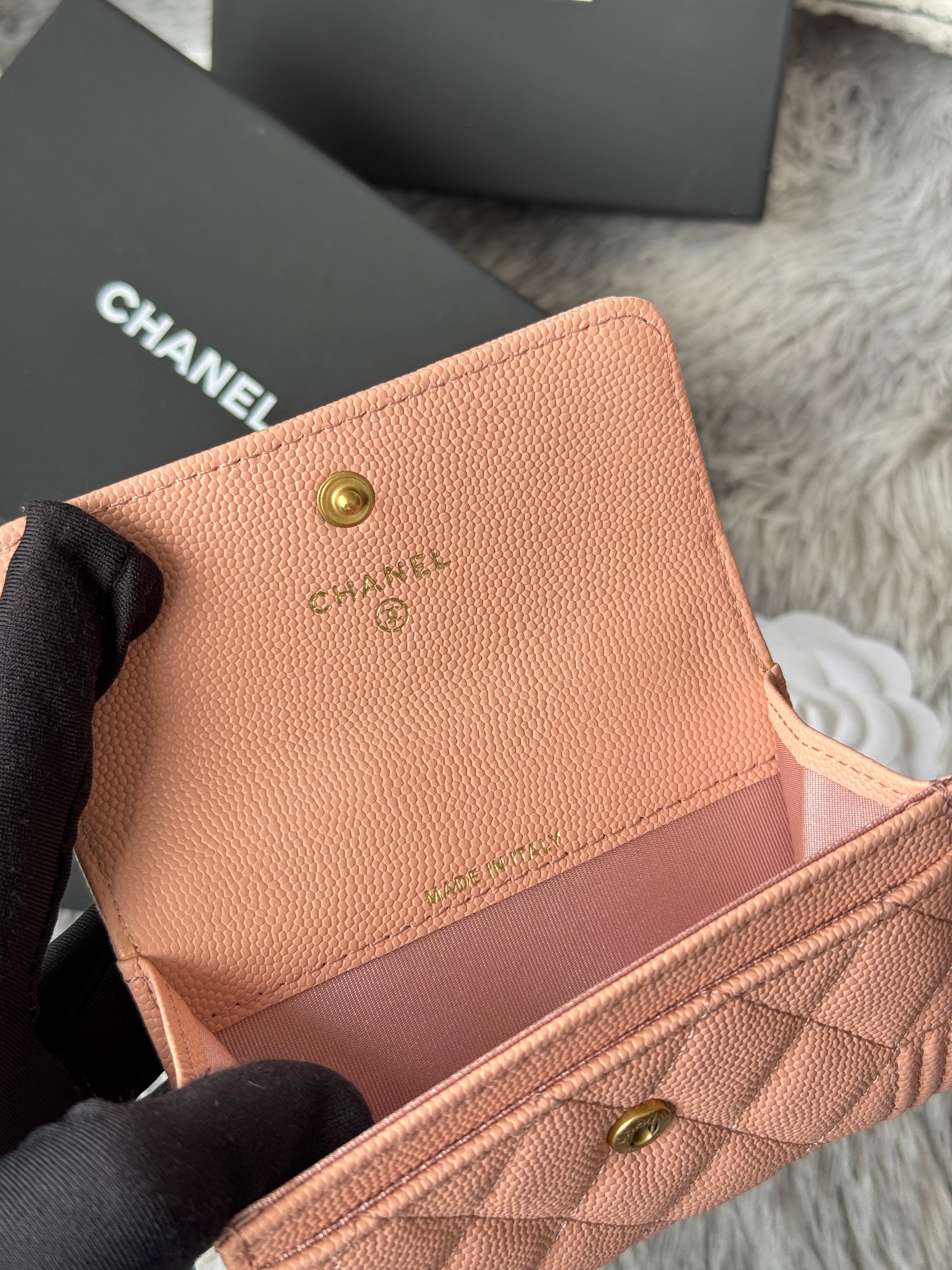 CC Boy Flap Card Holder Light Pink Gold-tone Grained Calfskin 242856
