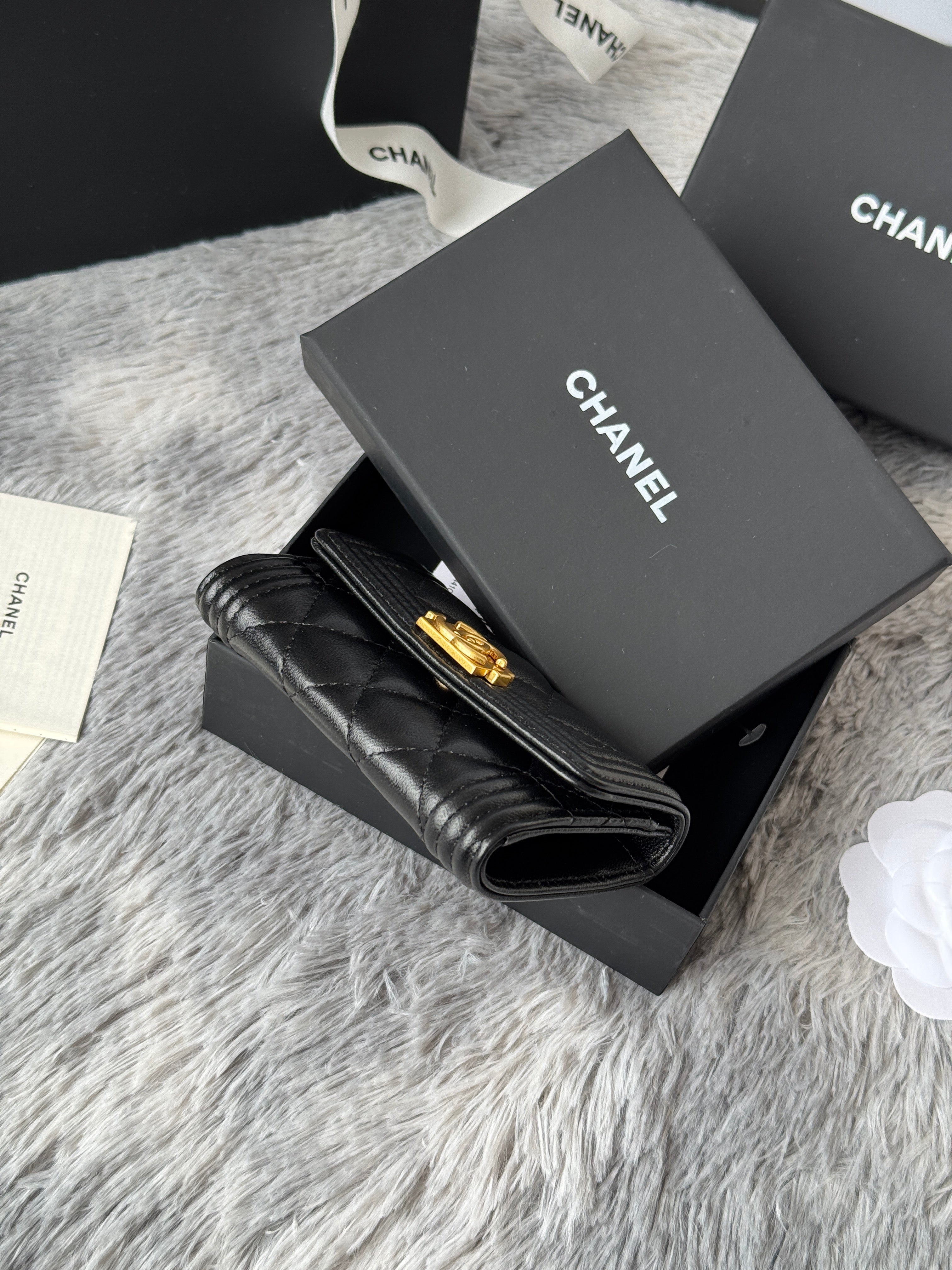 CC Boy Flap Card Holder Black Gold-tone Lambskin 242862