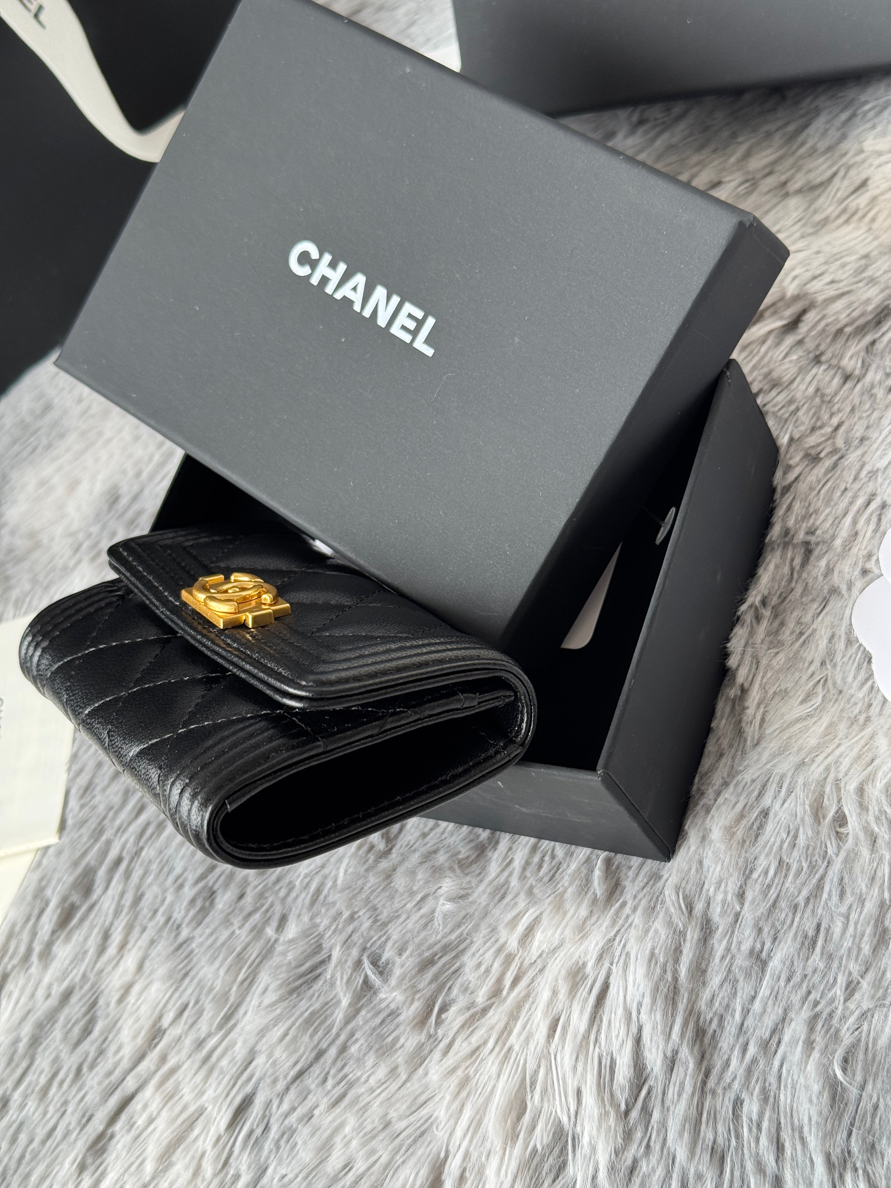 CC Boy Flap Card Holder Black Gold-tone Lambskin 242862