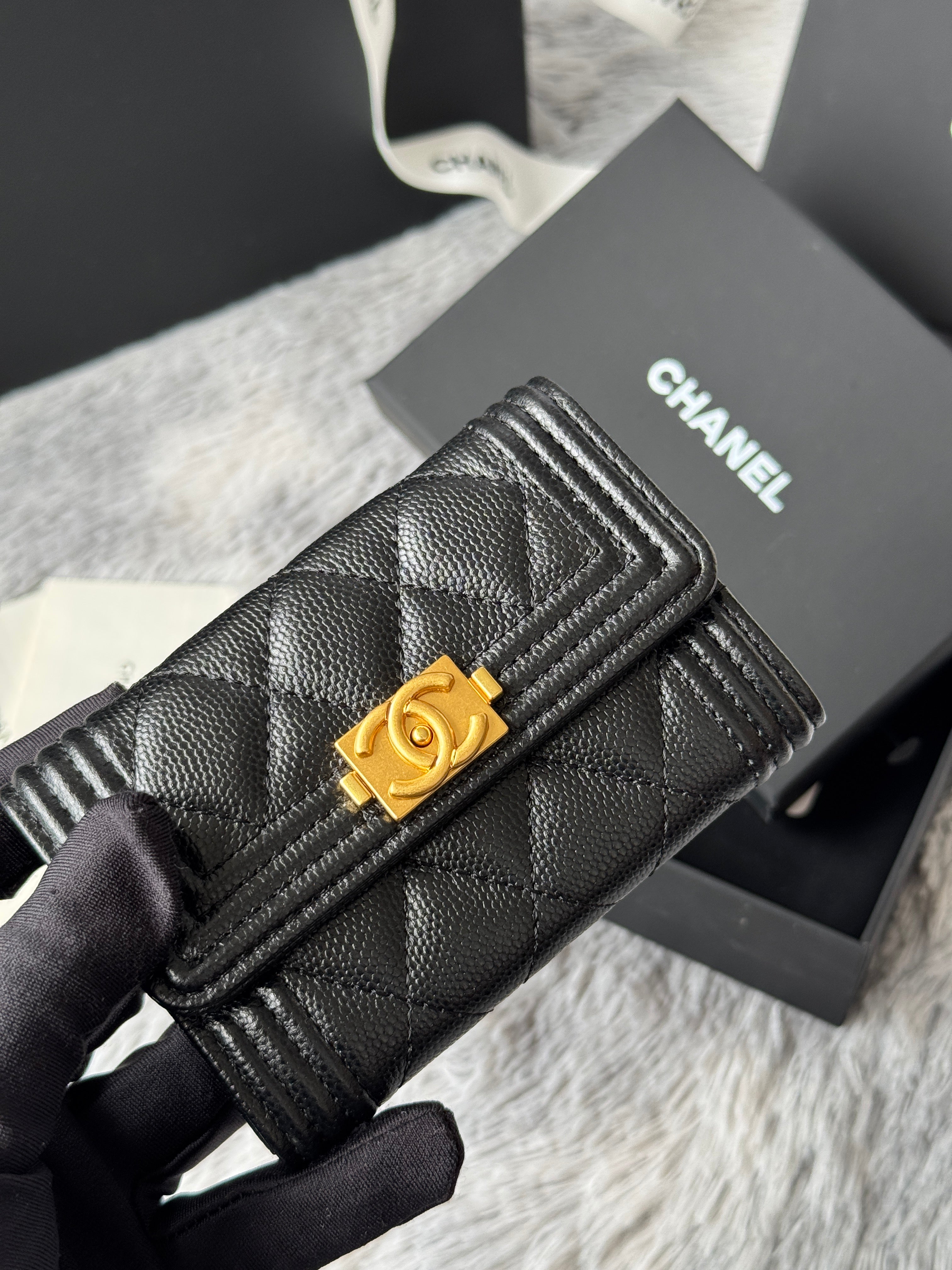 CC Boy Flap Card Holder Black Gold-tone Grained Calfskin 242866