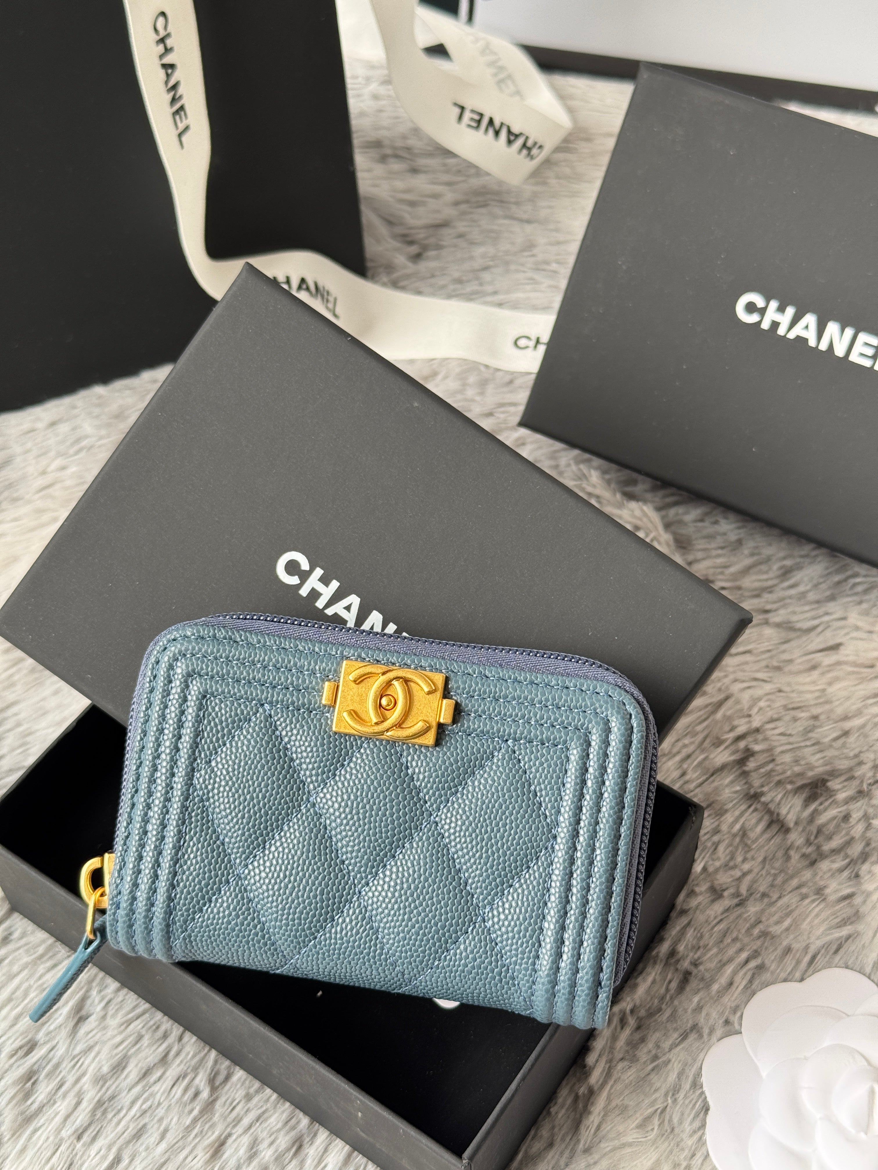 CC Classic Boy Coin Purse Muted Teal Gold-tone Grained Calfskin 242878