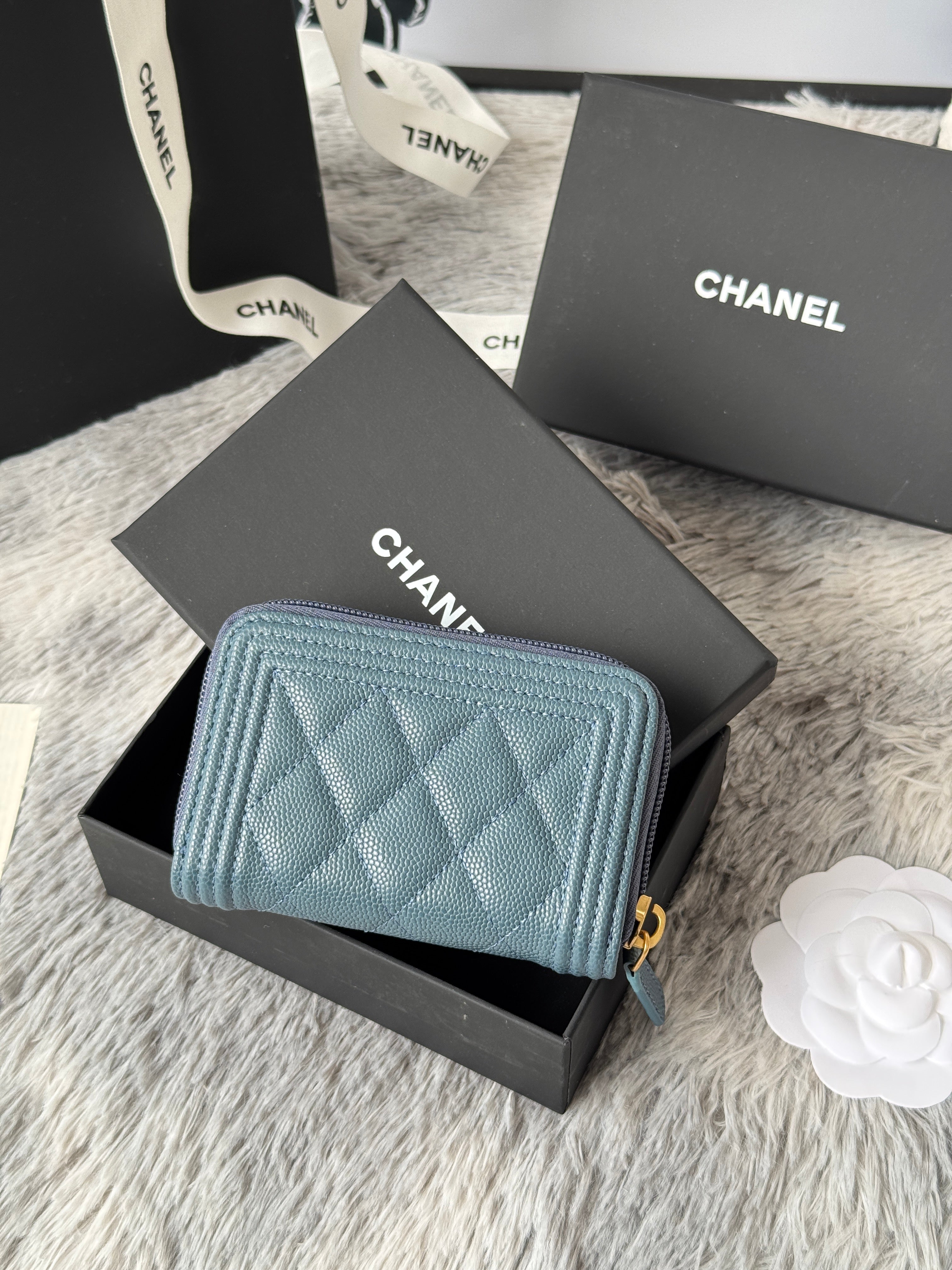 CC Classic Boy Coin Purse Muted Teal Gold-tone Grained Calfskin 242878