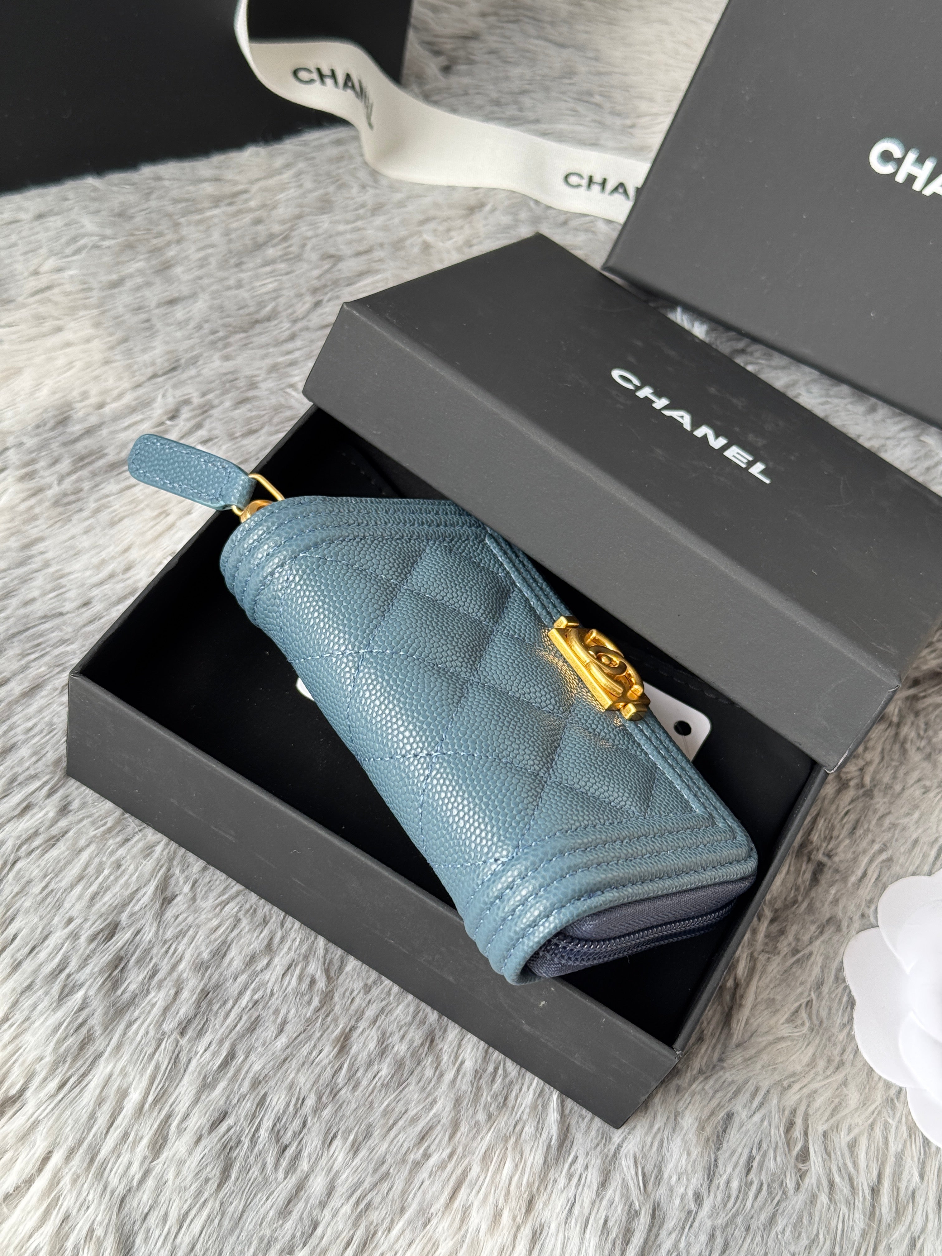 CC Classic Boy Coin Purse Muted Teal Gold-tone Grained Calfskin 242878