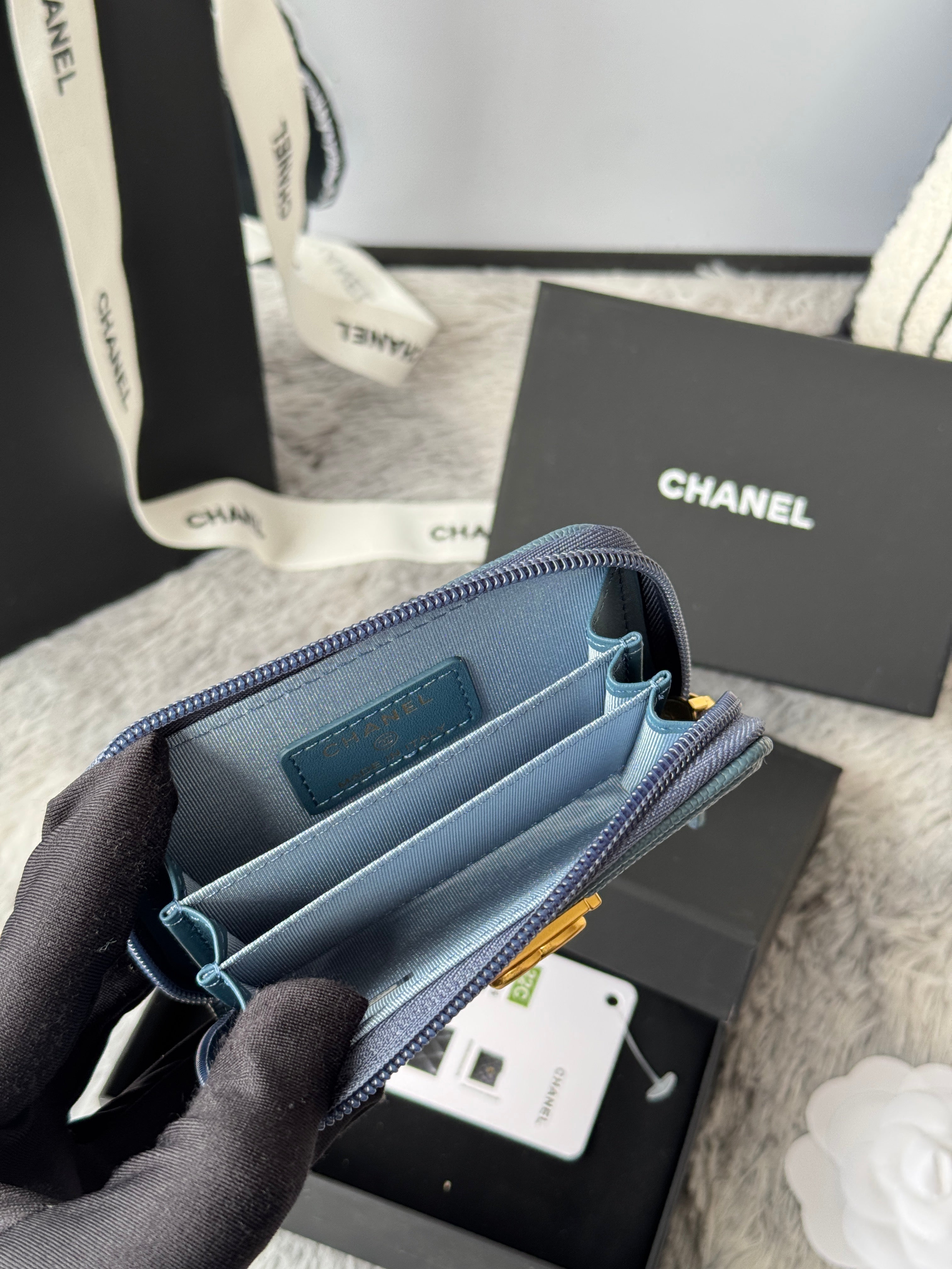 CC Classic Boy Coin Purse Muted Teal Gold-tone Grained Calfskin 242878