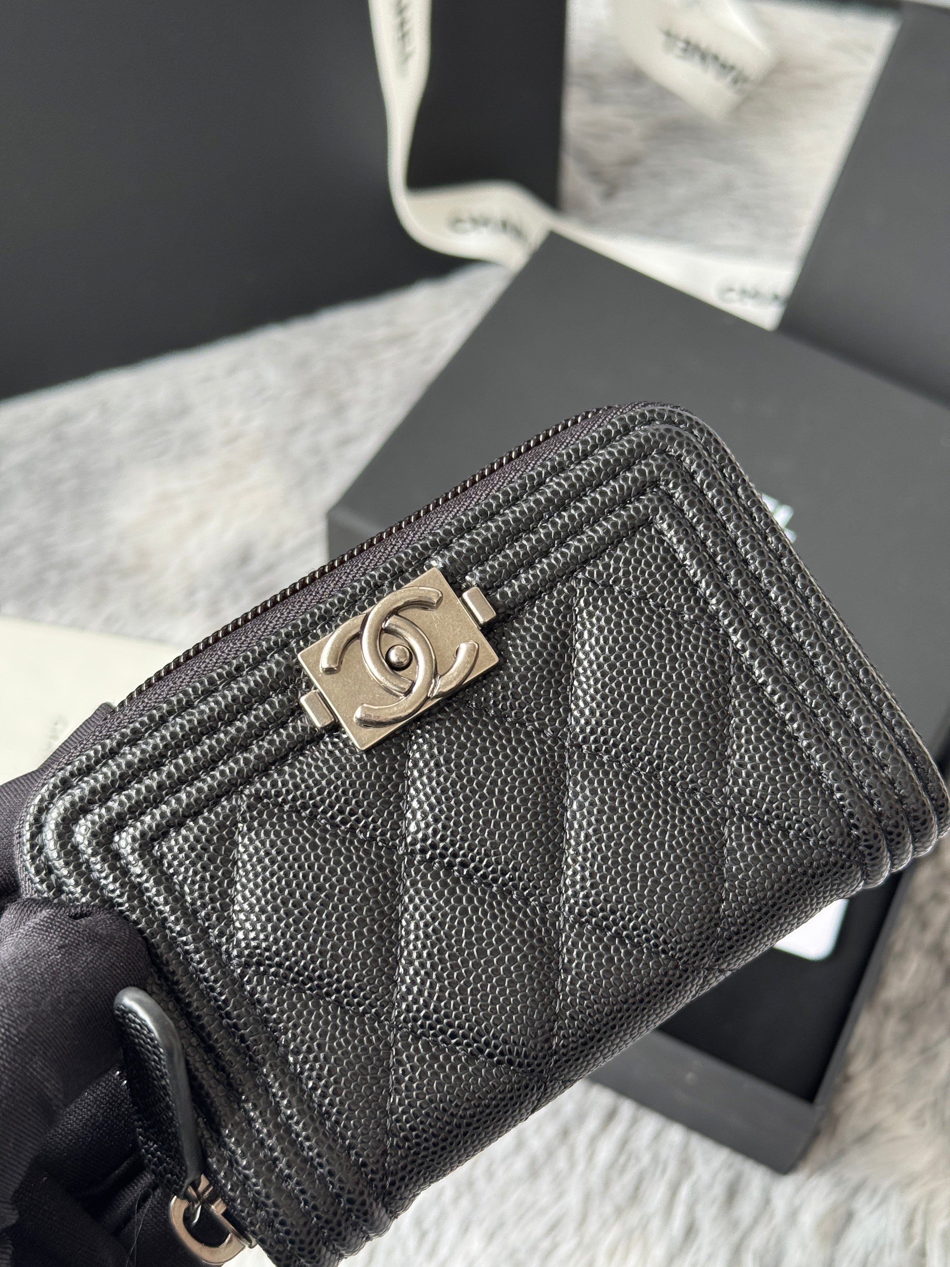 CC Classic Boy Coin Purse Black Sliver-tone Grained Calfskin 242886