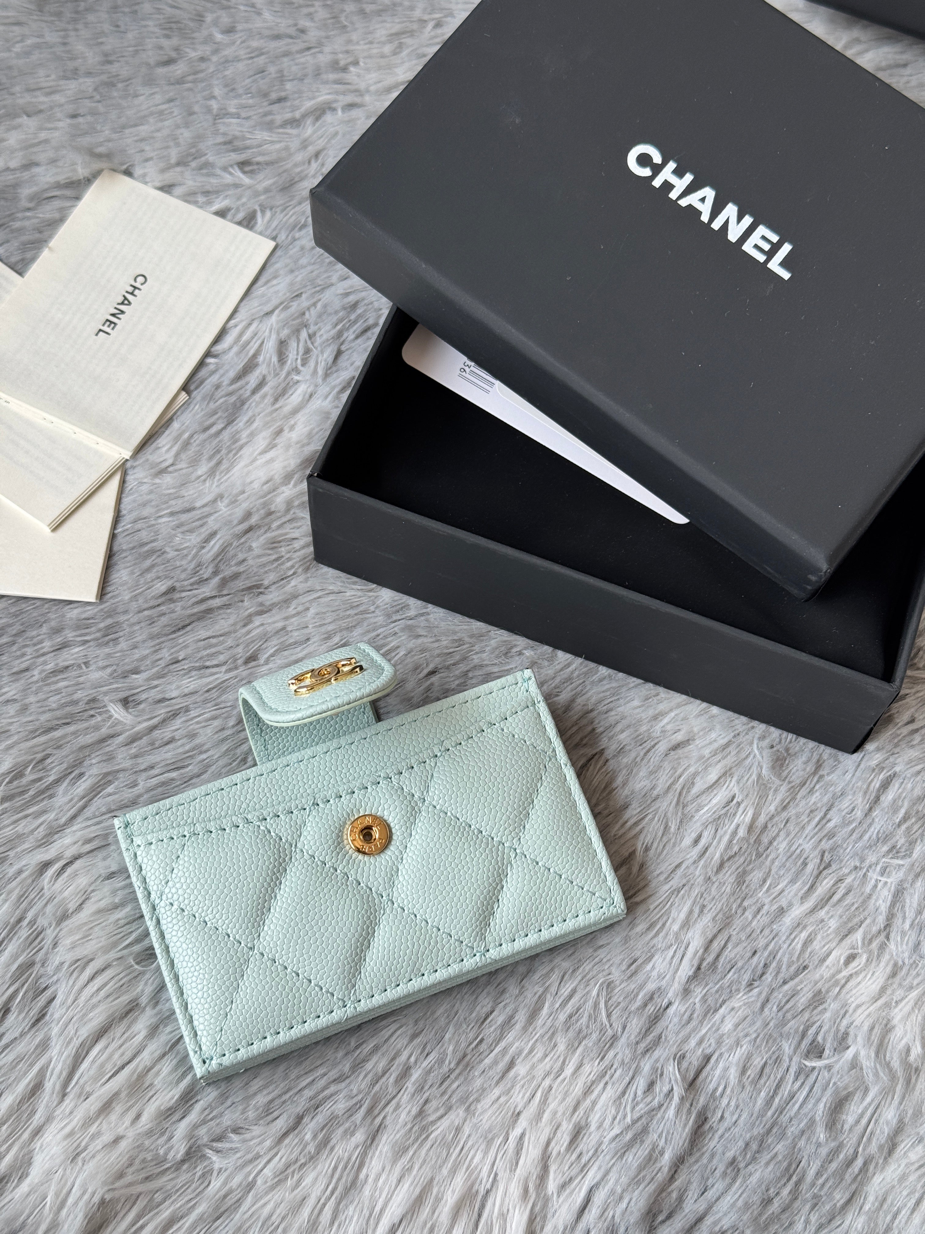CC Accordion Card Holder Light Blue Gold-tone Metal Caviar 242663