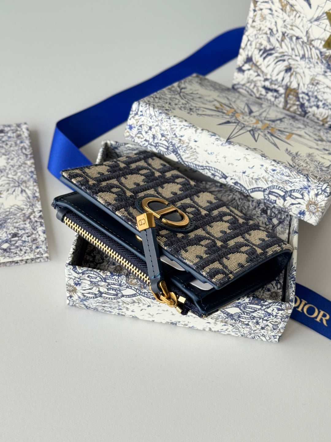 CD 30 Montaigne Dahlia Wallet 12cm Blue Fabric & Calfskin Jacquard
