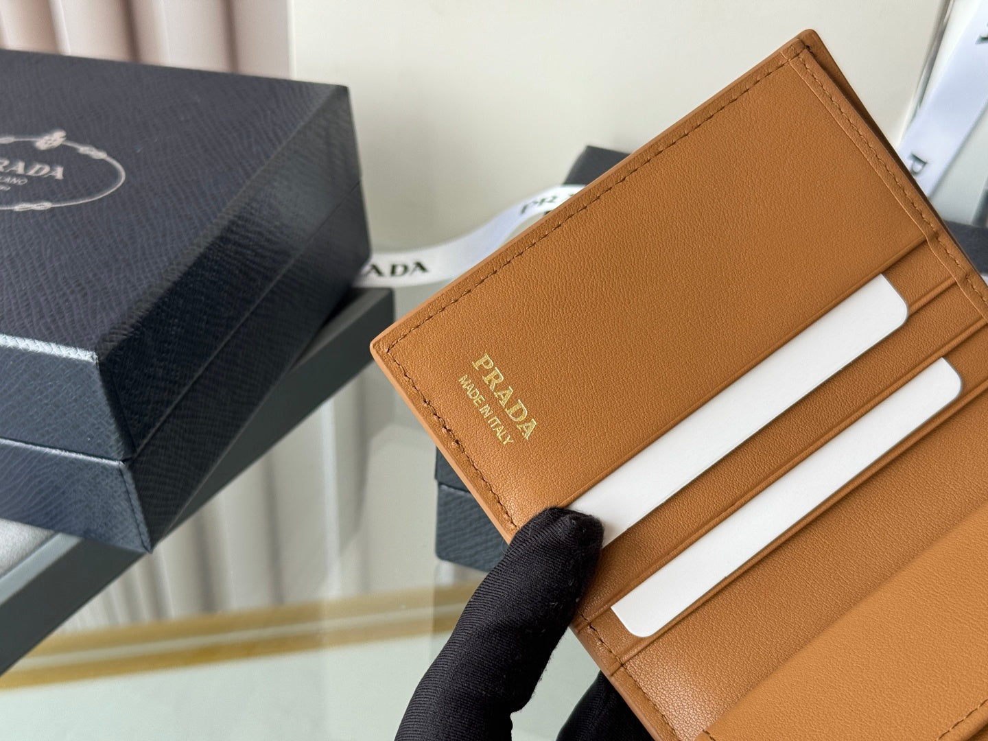 Pra 1MV204 Small Wallet Brown Saffiano & Smooth Leather