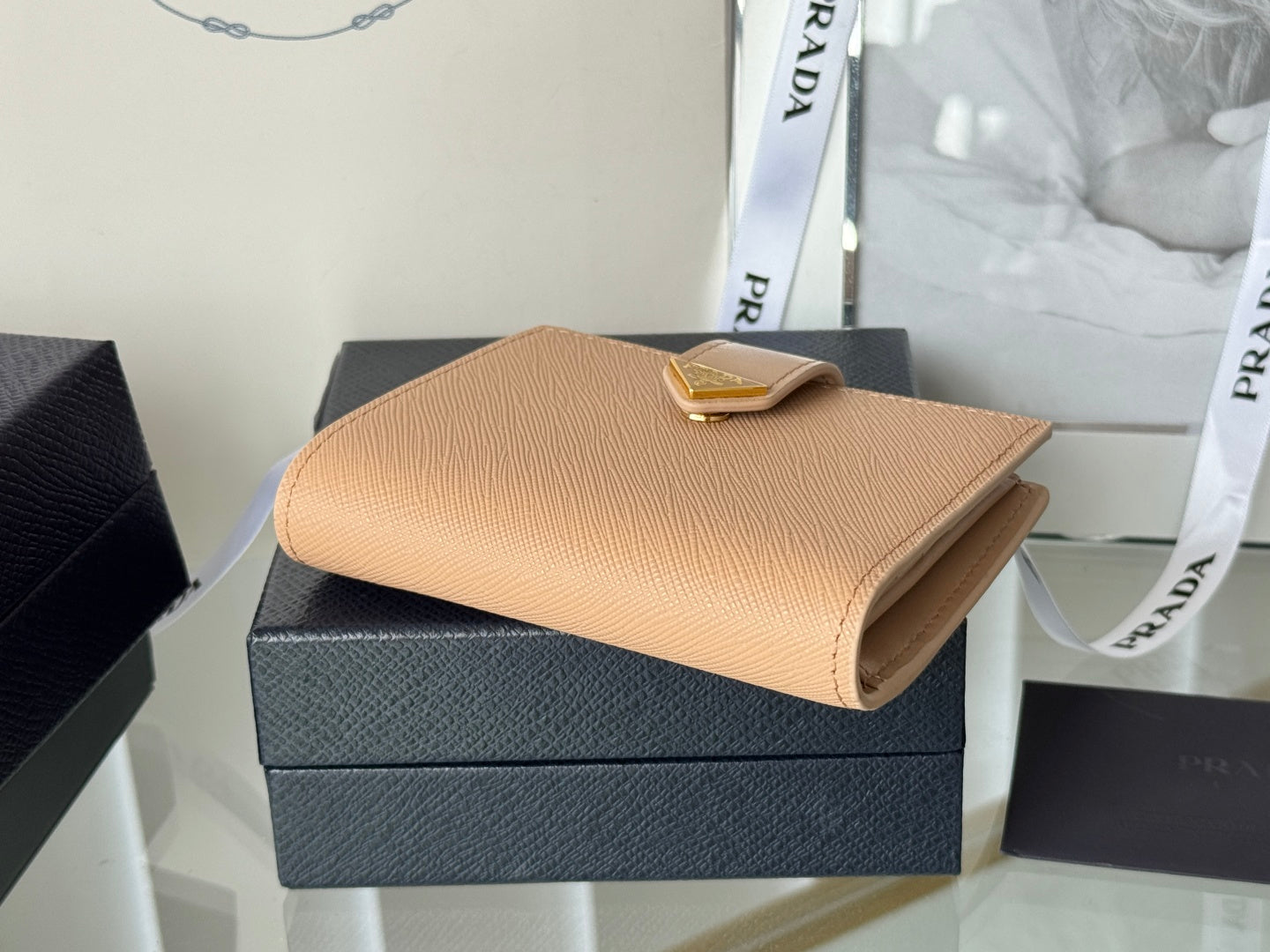 Pra 1MV204 Small Wallet Caramel Saffiano & Smooth Leather