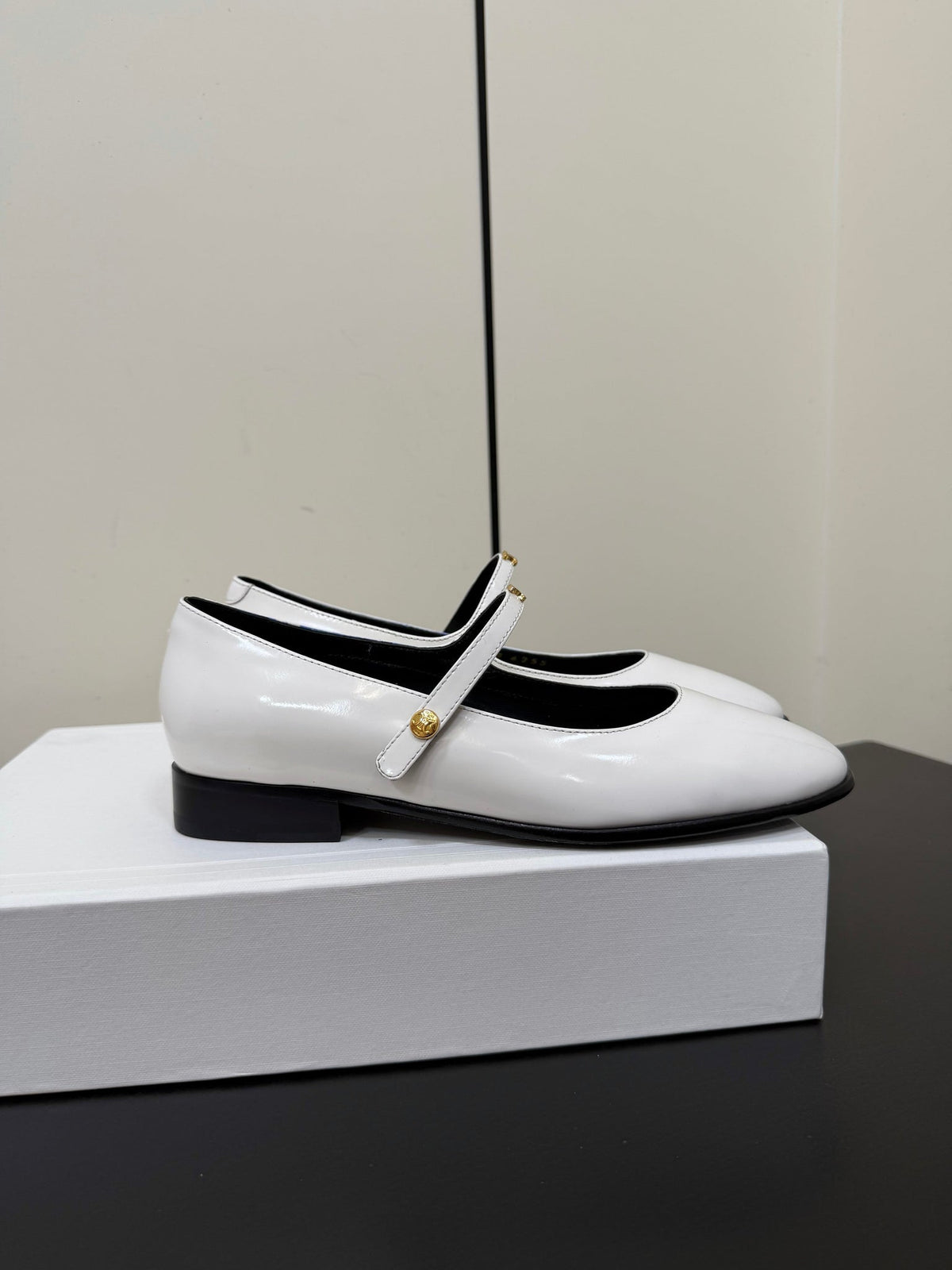 Celine 26s Mary Jane Flats In White Glossy Calfskin Gold Hardware