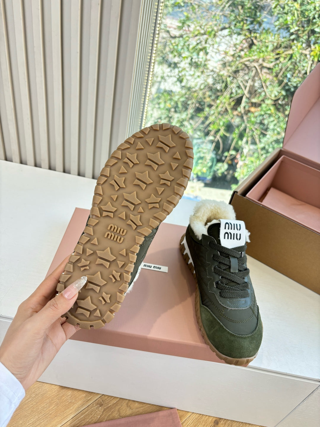Miu 26s Tyre Sneakers Olive Suede Re-Nylon Shearing 994143