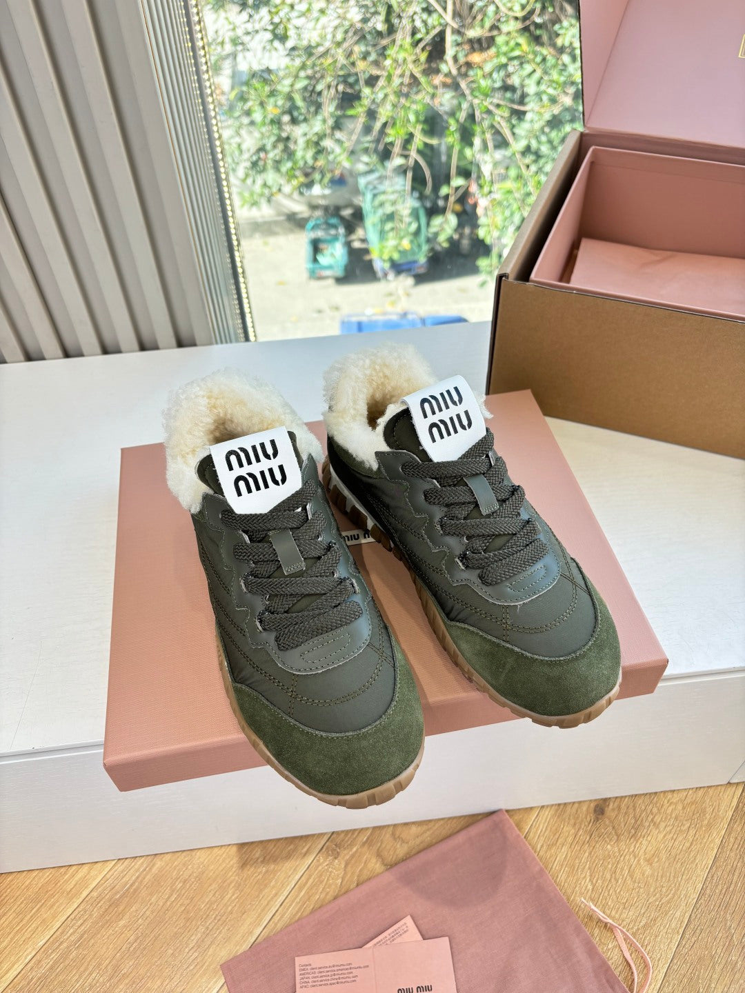 Miu 26s Tyre Sneakers Olive Suede Re-Nylon Shearing 994143