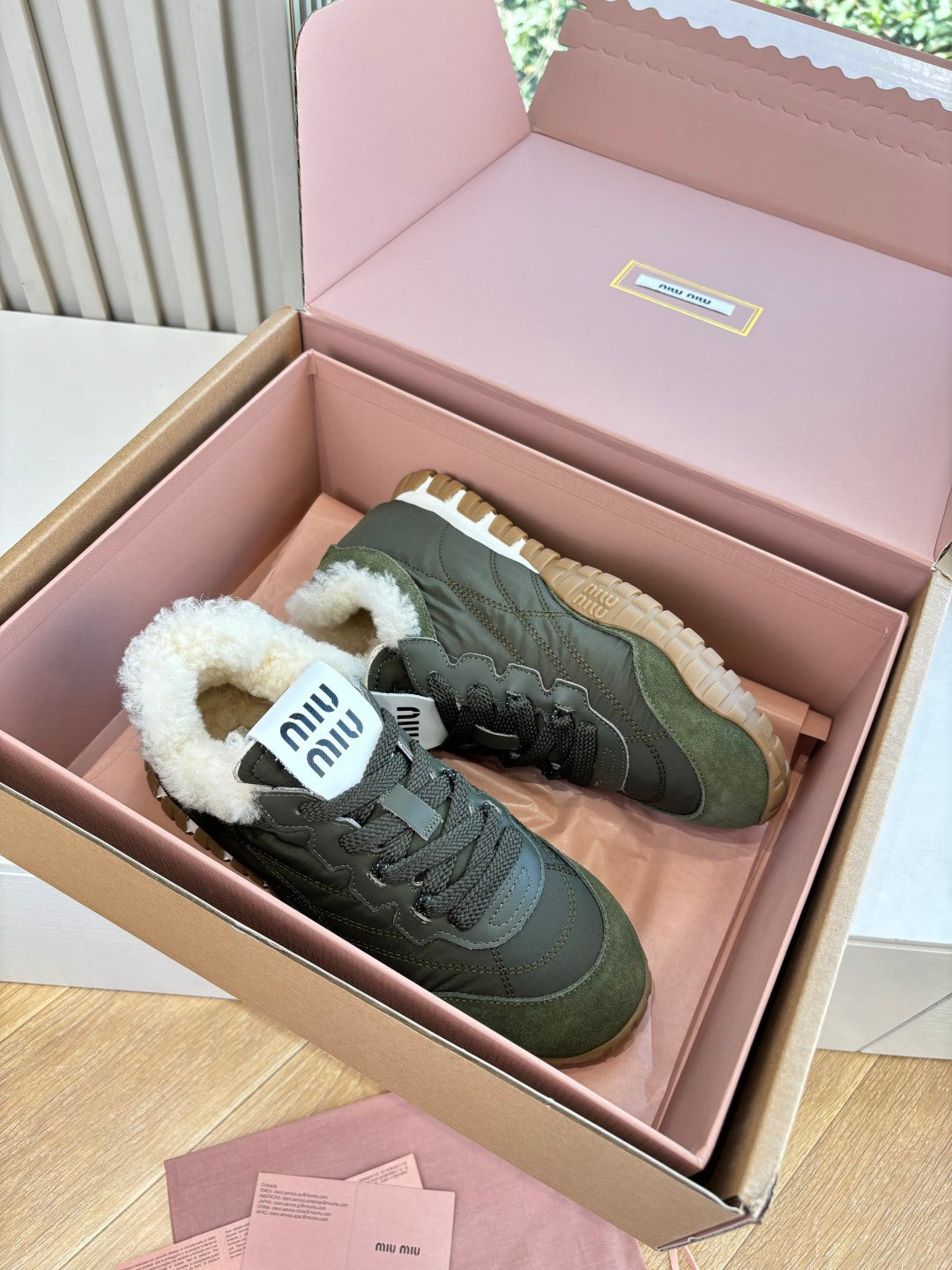Miu 26s Tyre Sneakers Olive Suede Re-Nylon Shearing 994143