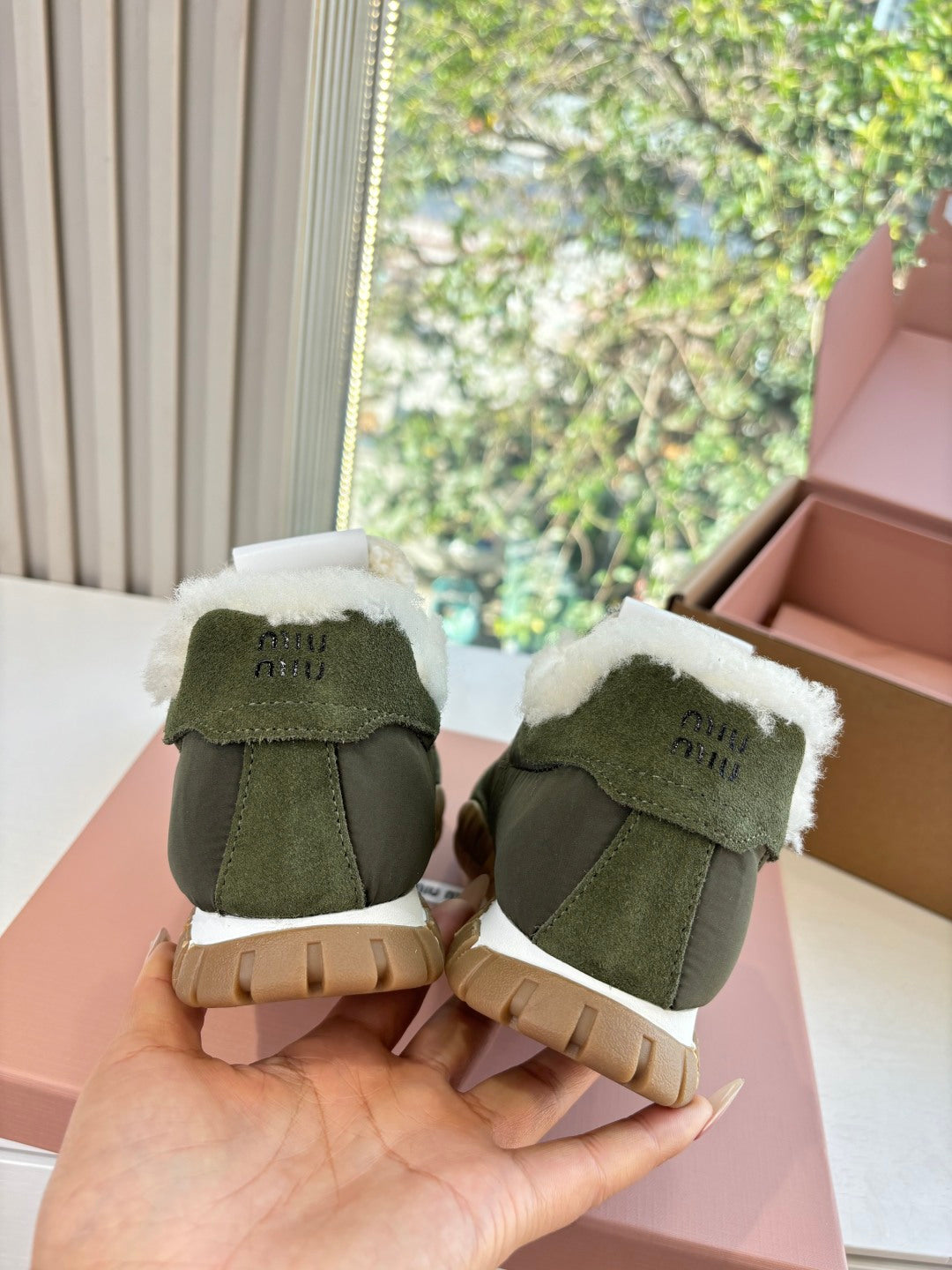 Miu 26s Tyre Sneakers Olive Suede Re-Nylon Shearing 994143