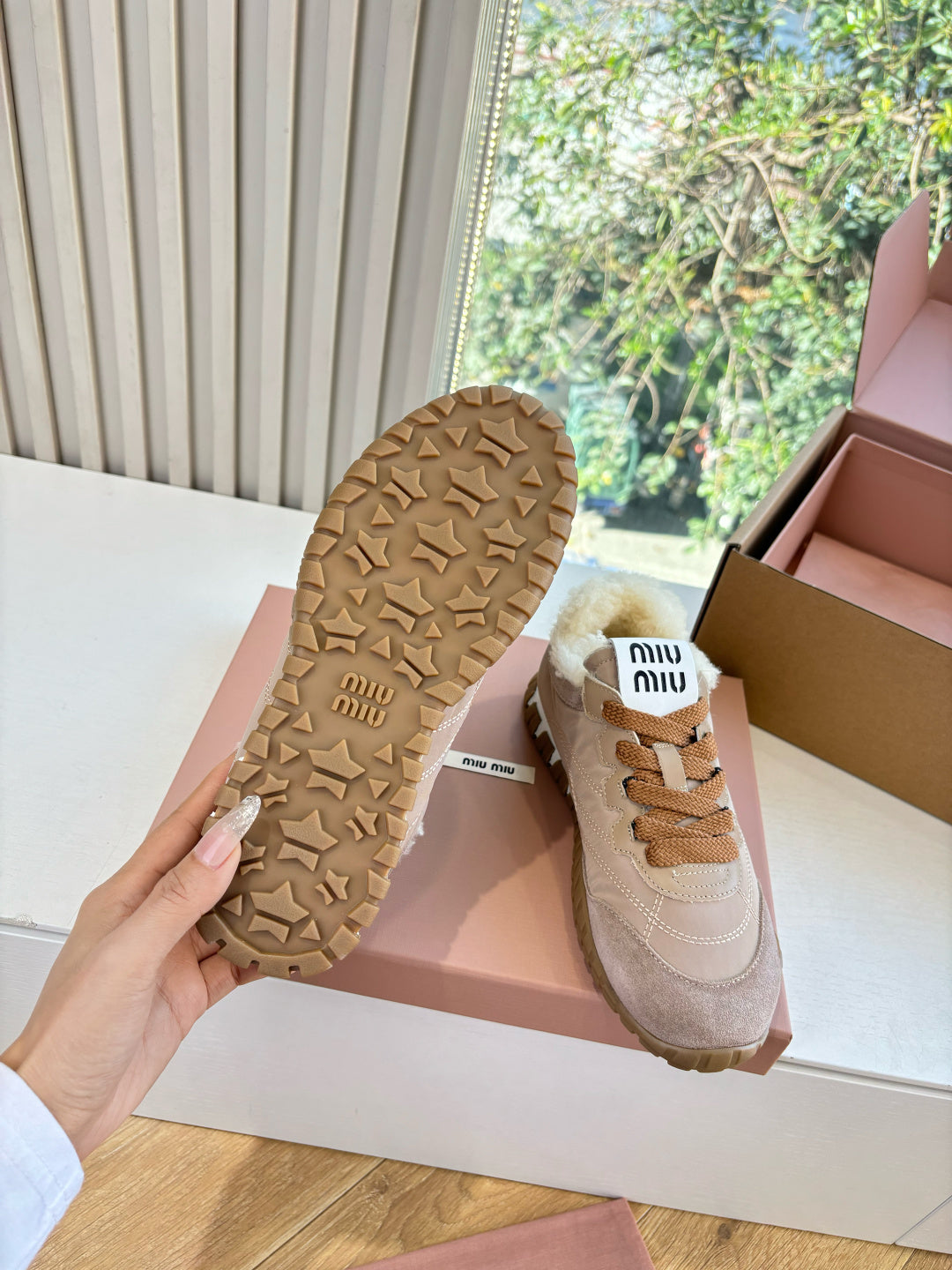 Miu 26s Tyre Sneakers Khaki Suede Re-Nylon Shearing 994143