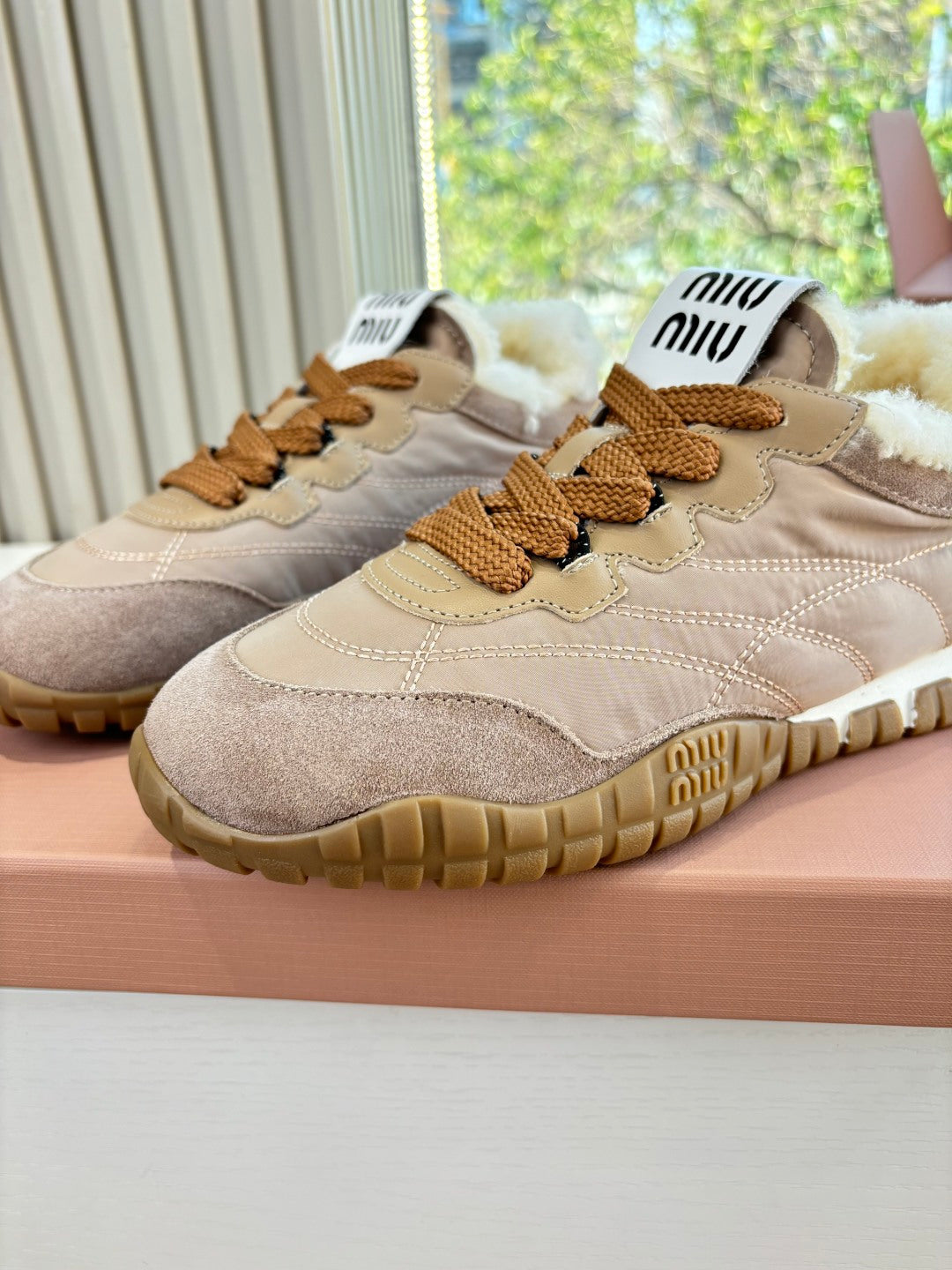 Miu 26s Tyre Sneakers Khaki Suede Re-Nylon Shearing 994143