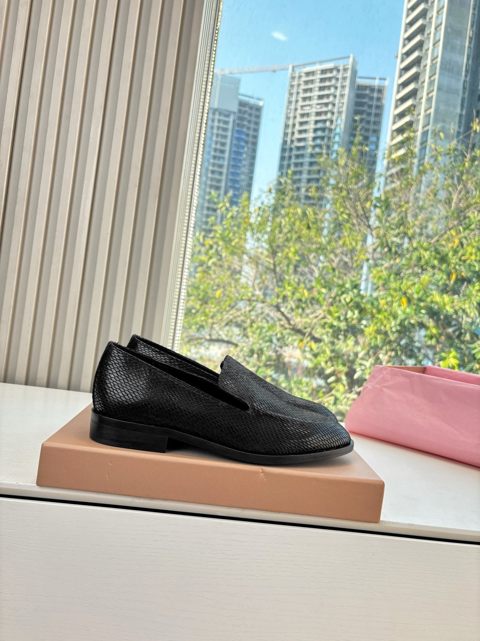 Miu 26s Loafers In Black Snake Embossed Calfskin
