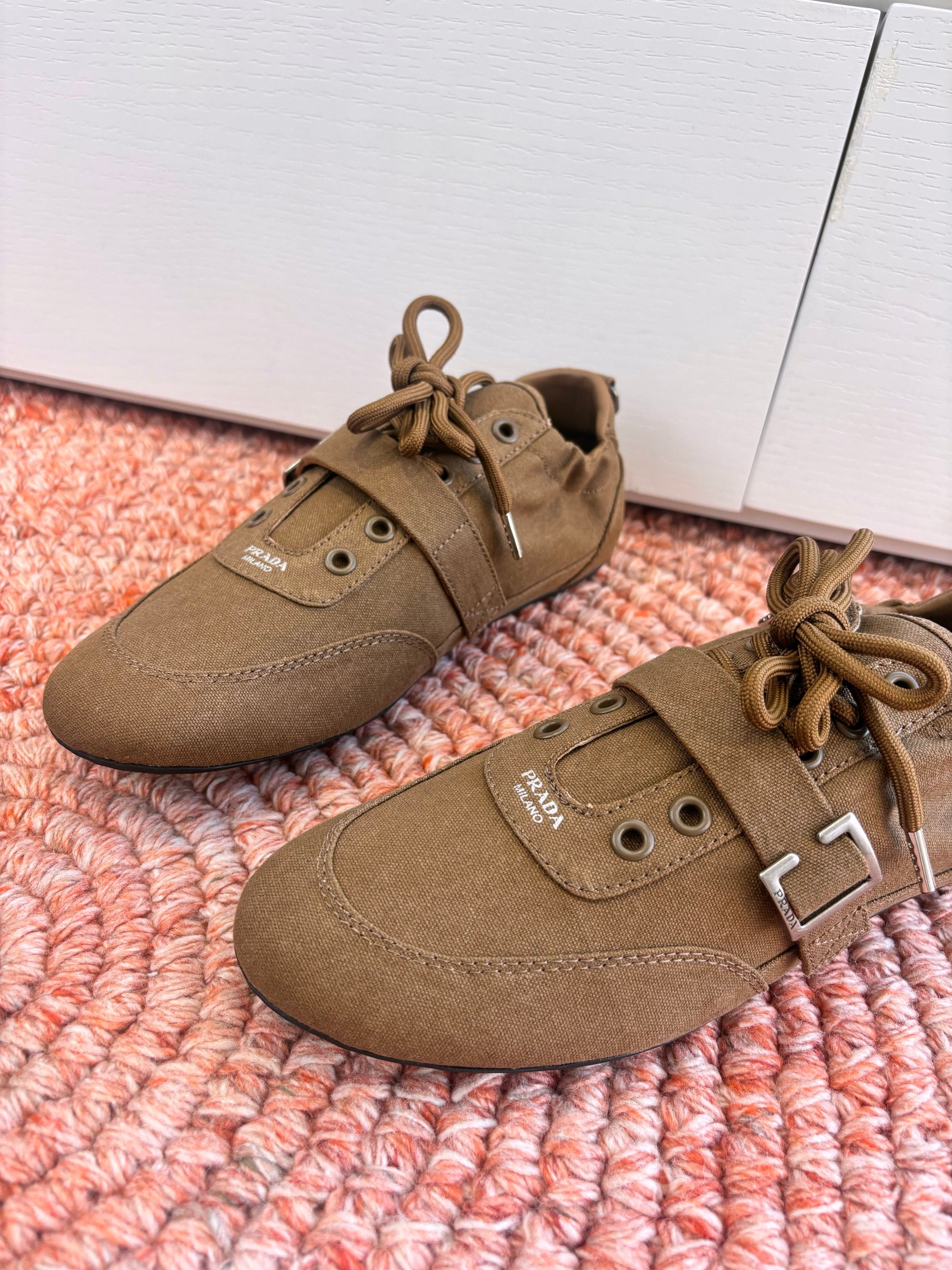 Prada Sneakers with Buckle and Strap Taupe Collapse Canvas 604166