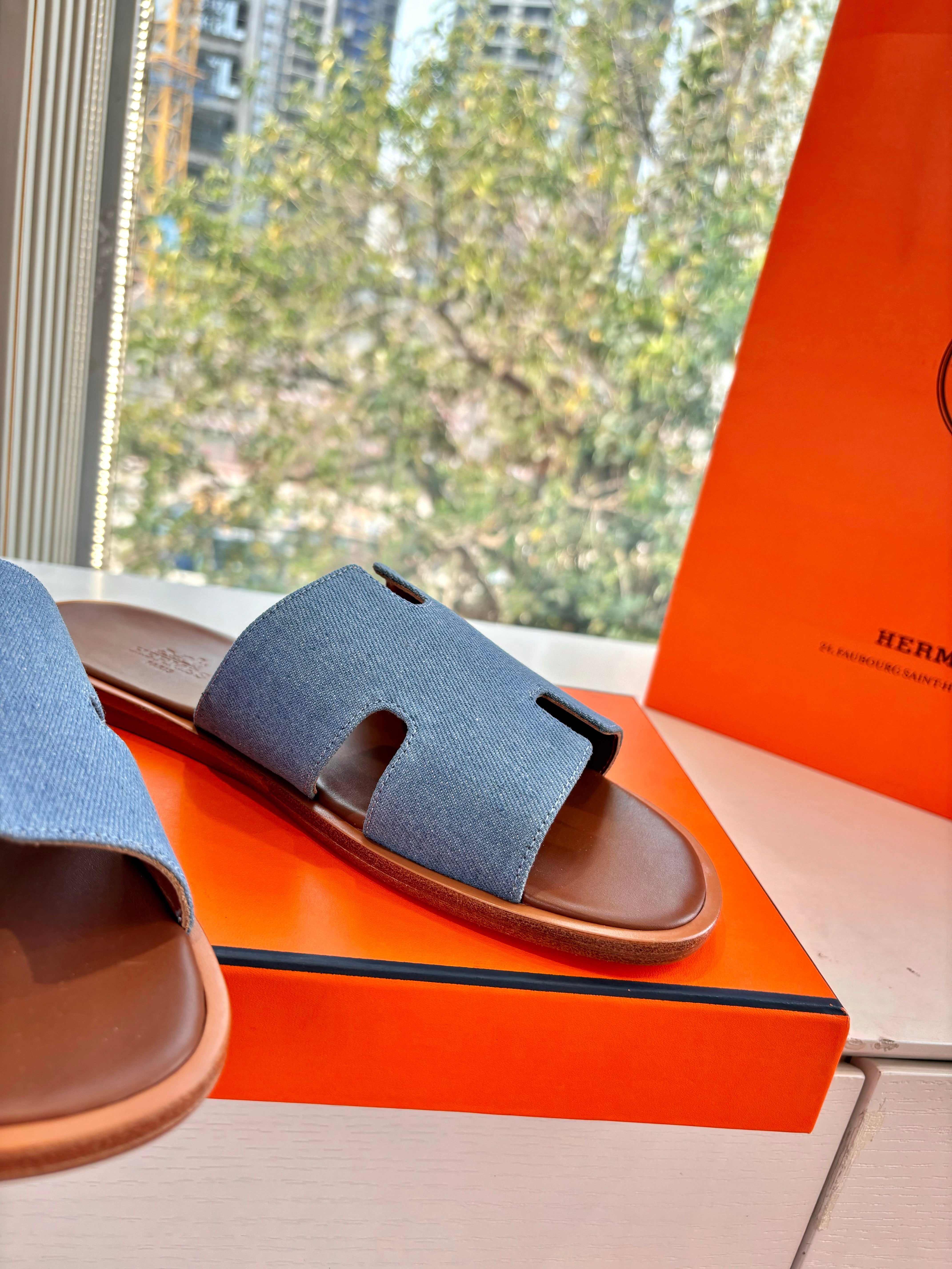 HM Men Izmir Sandal 'Bleu Clair Gold' Denim Brown Sheepskin 603976
