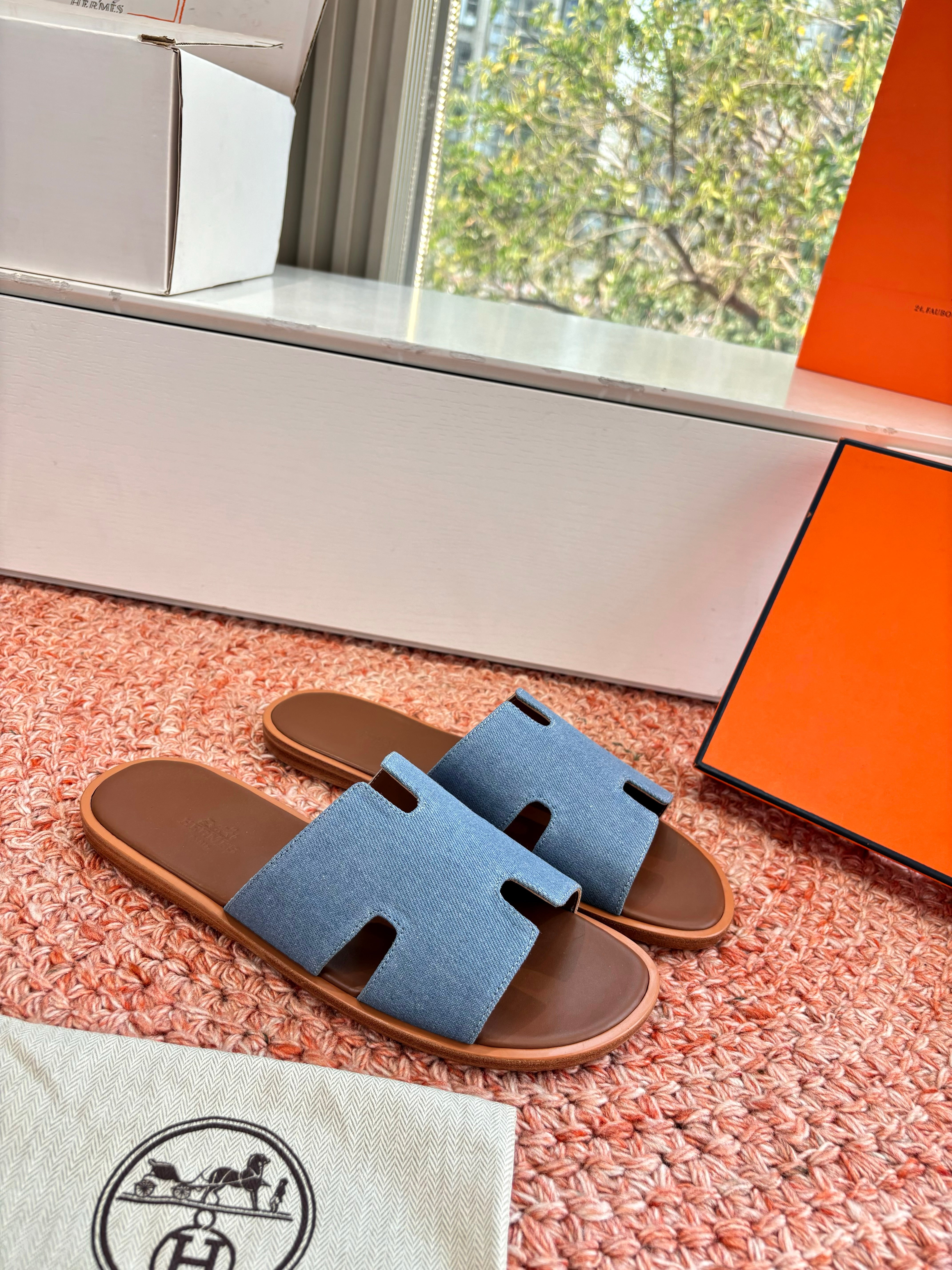 HM Men Izmir Sandal 'Bleu Clair Gold' Denim Brown Sheepskin 603976