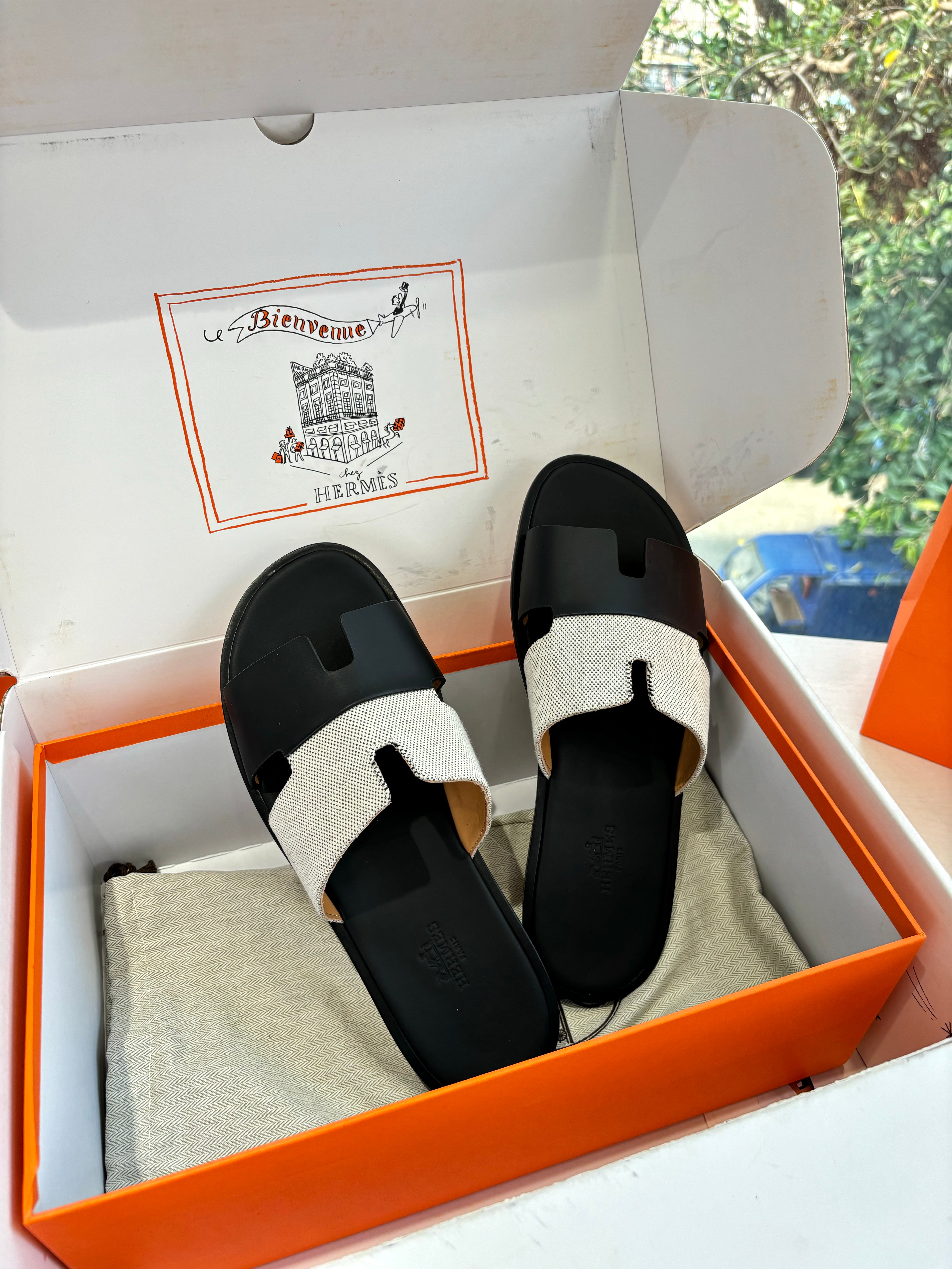 HM Men Izmir Sandal "H" cut-out Black White Sheepskin Canvas 603974