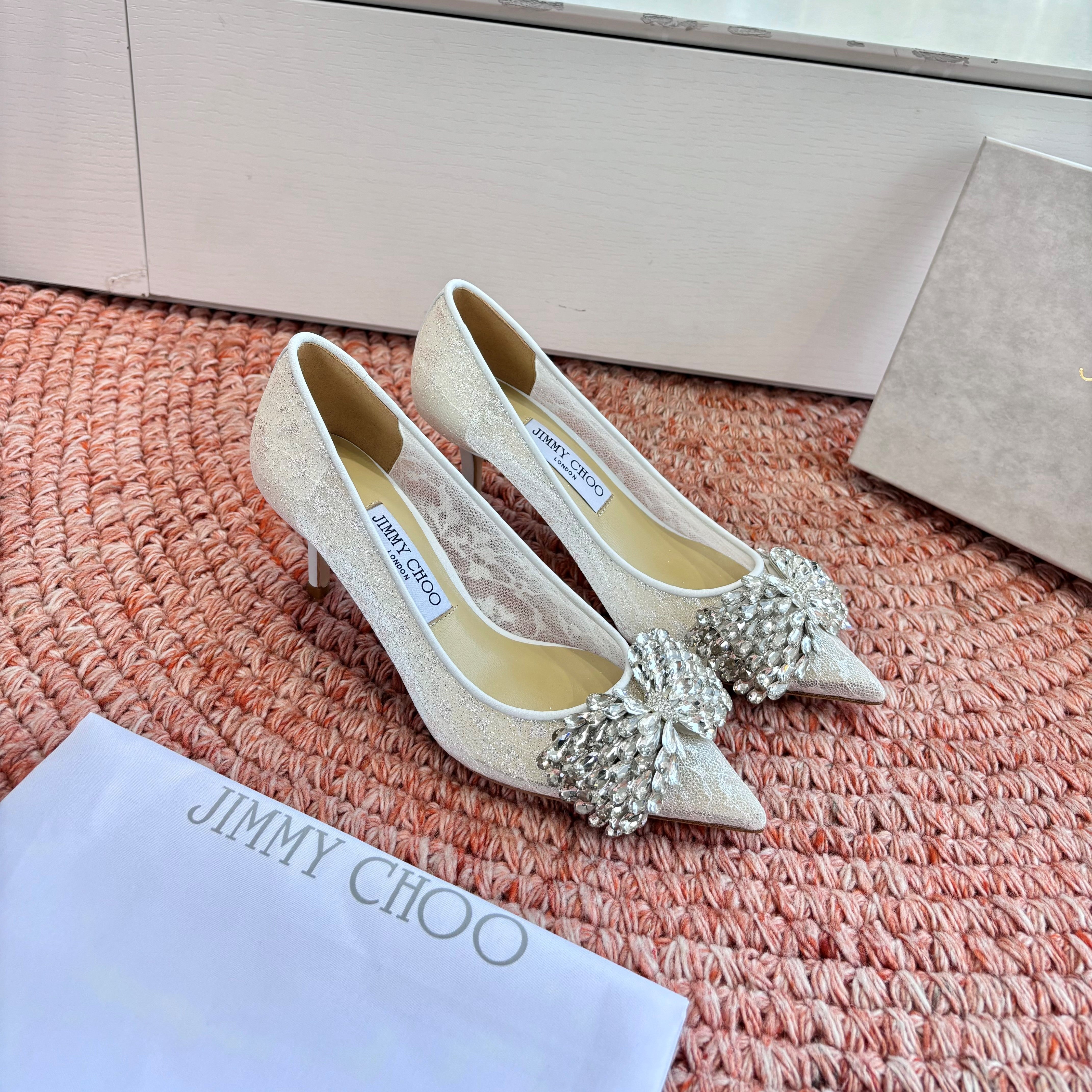 JC 26s Rhinestone Auria Pumps 8.5cm White Mesh 648208