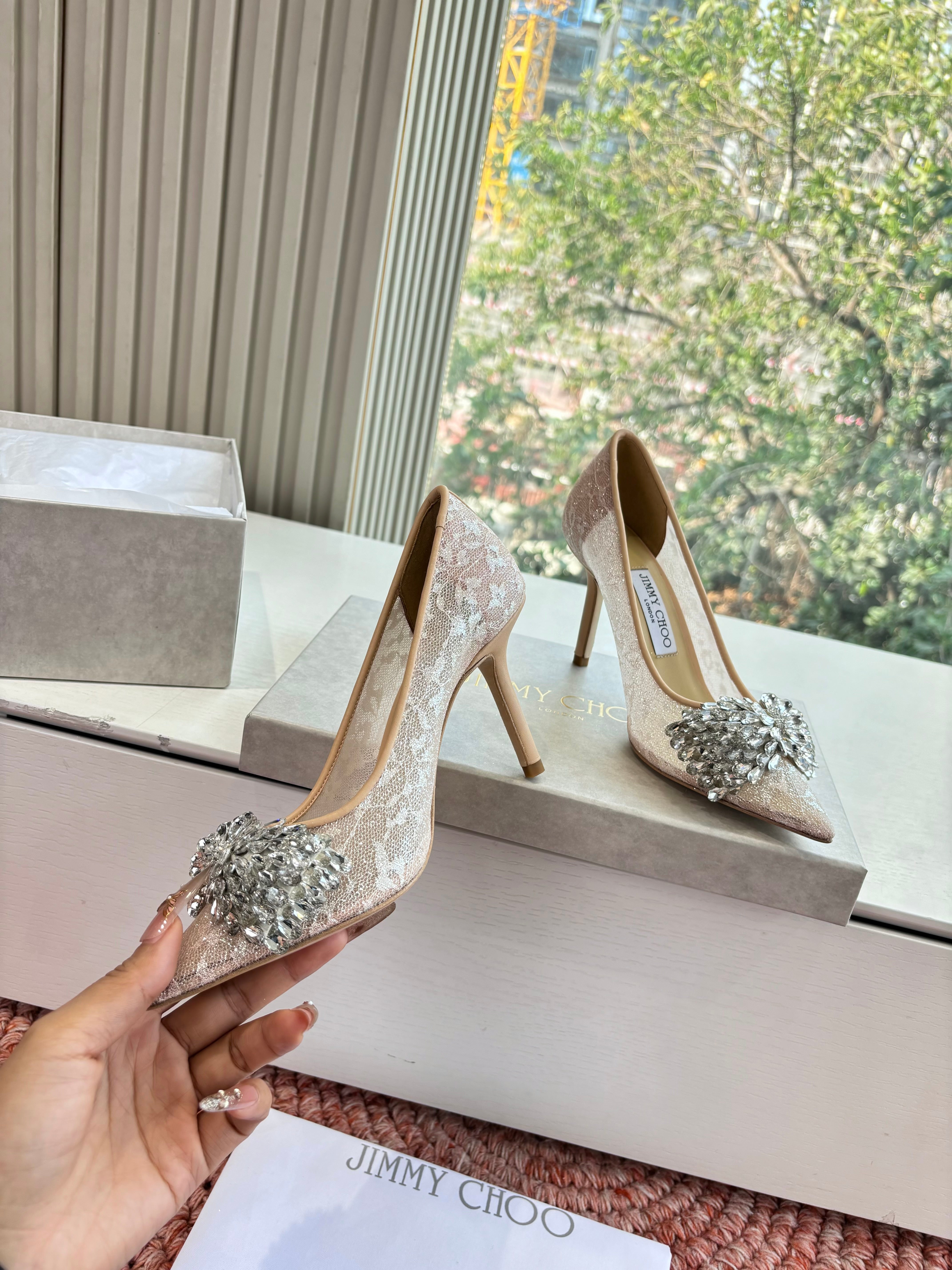 JC 26s Rhinestone Auria Pumps 6.5cm Beige Mesh 648212