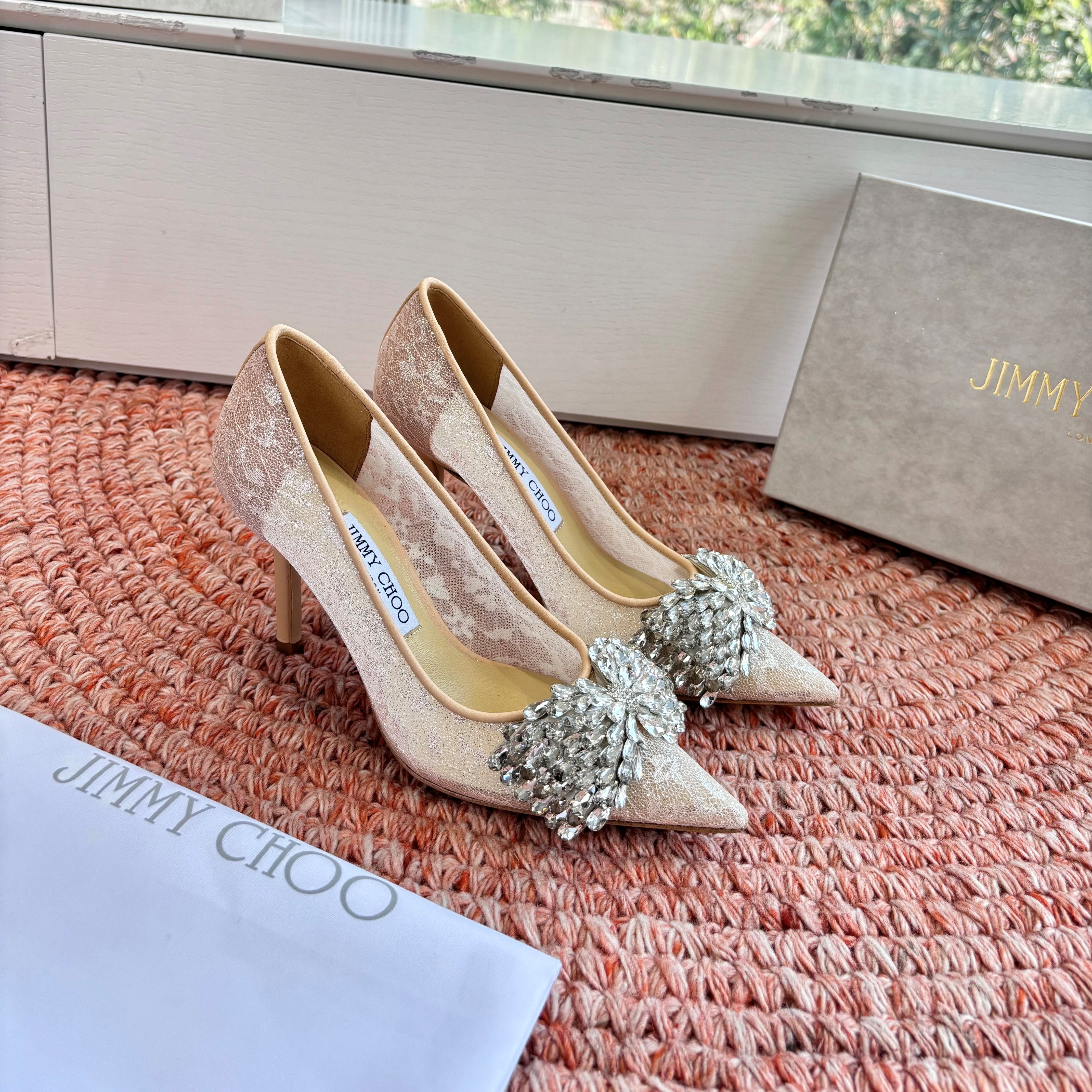 JC 26s Rhinestone Auria Pumps 6.5cm Beige Mesh 648212
