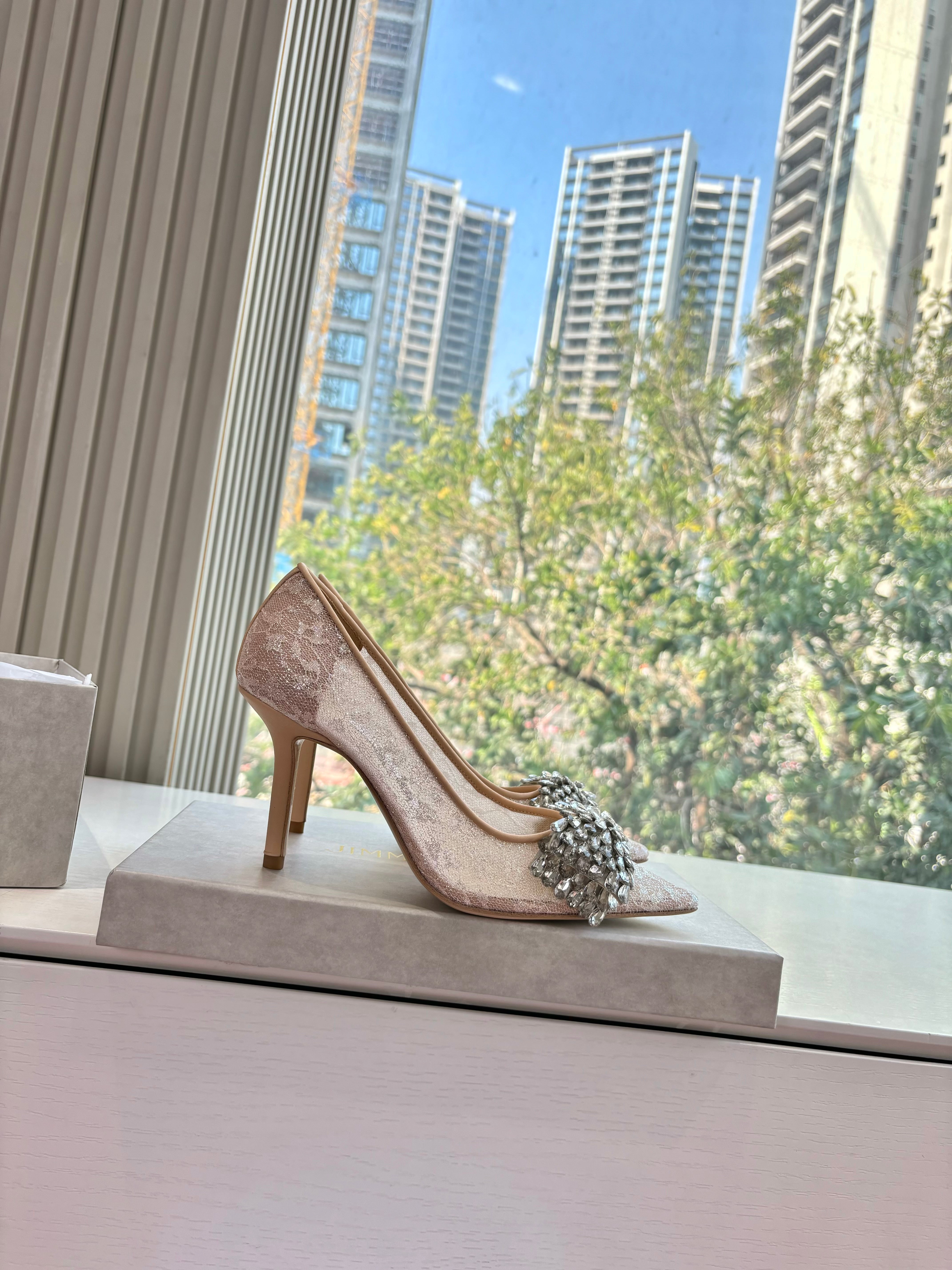 JC 26s Rhinestone Auria Pumps 6.5cm Beige Mesh 648212
