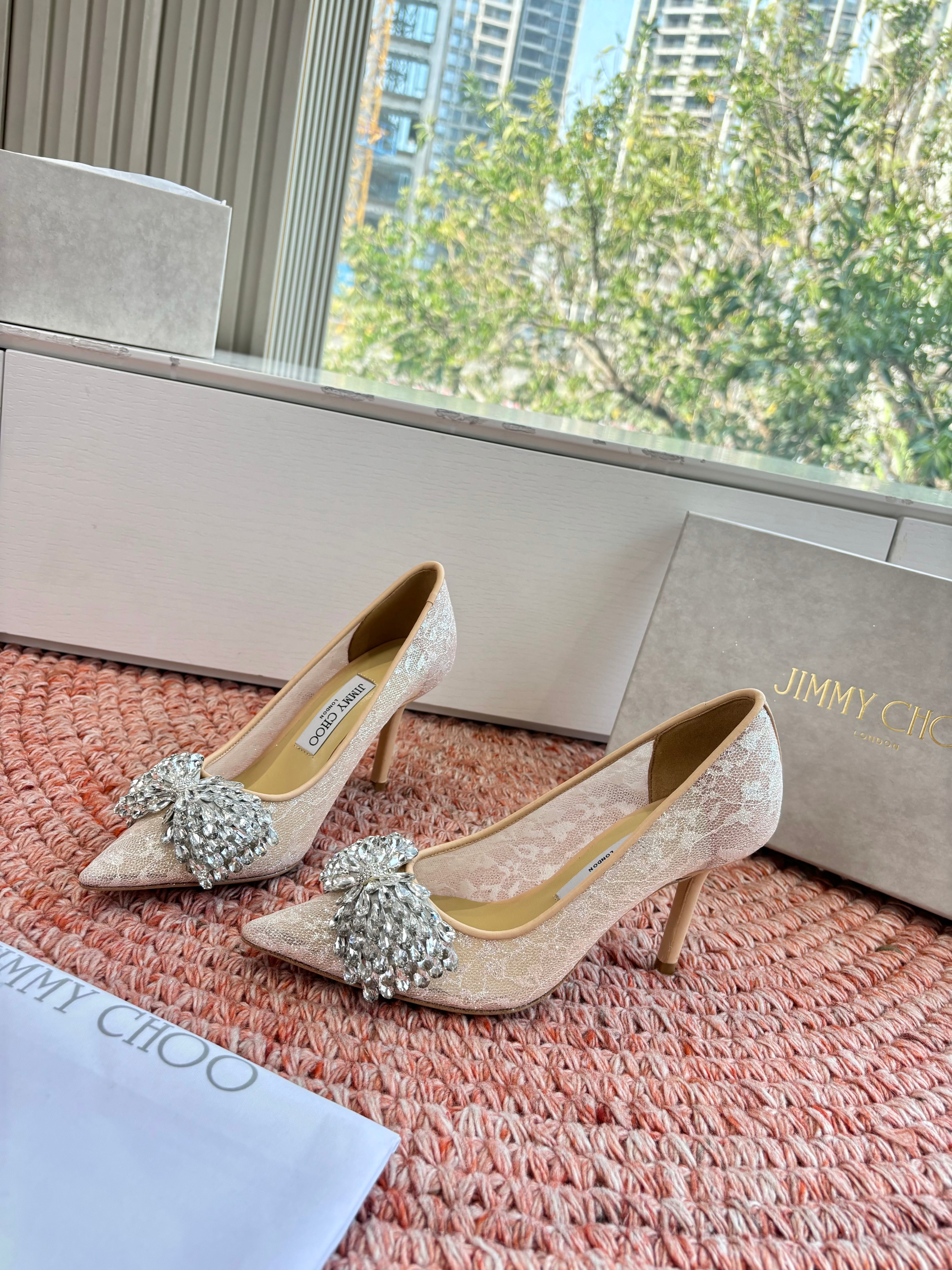 JC 26s Rhinestone Auria Pumps 6.5cm Beige Mesh 648212