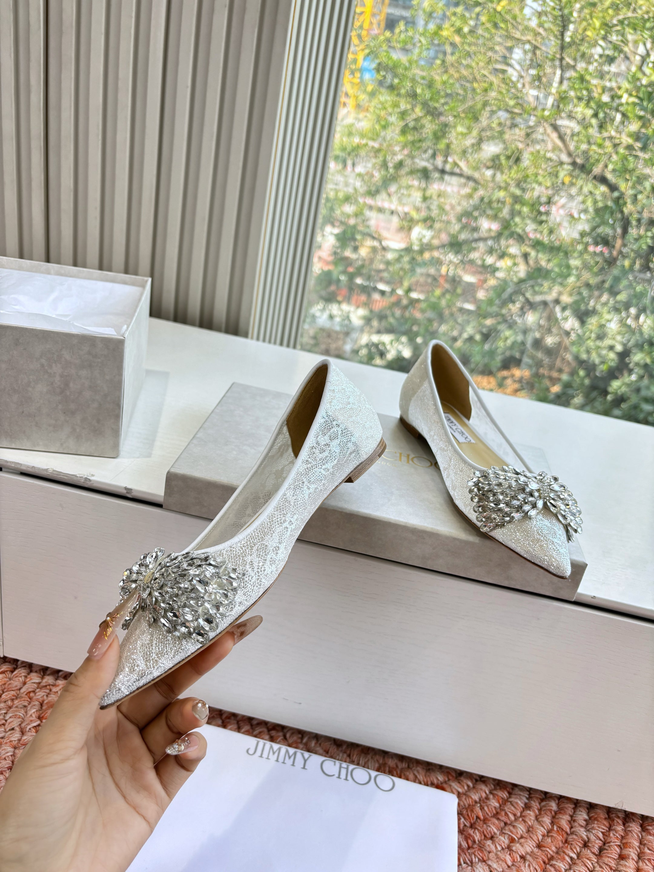 JC 26s Rhinestone Auria Ballet Flats White Mesh 648214