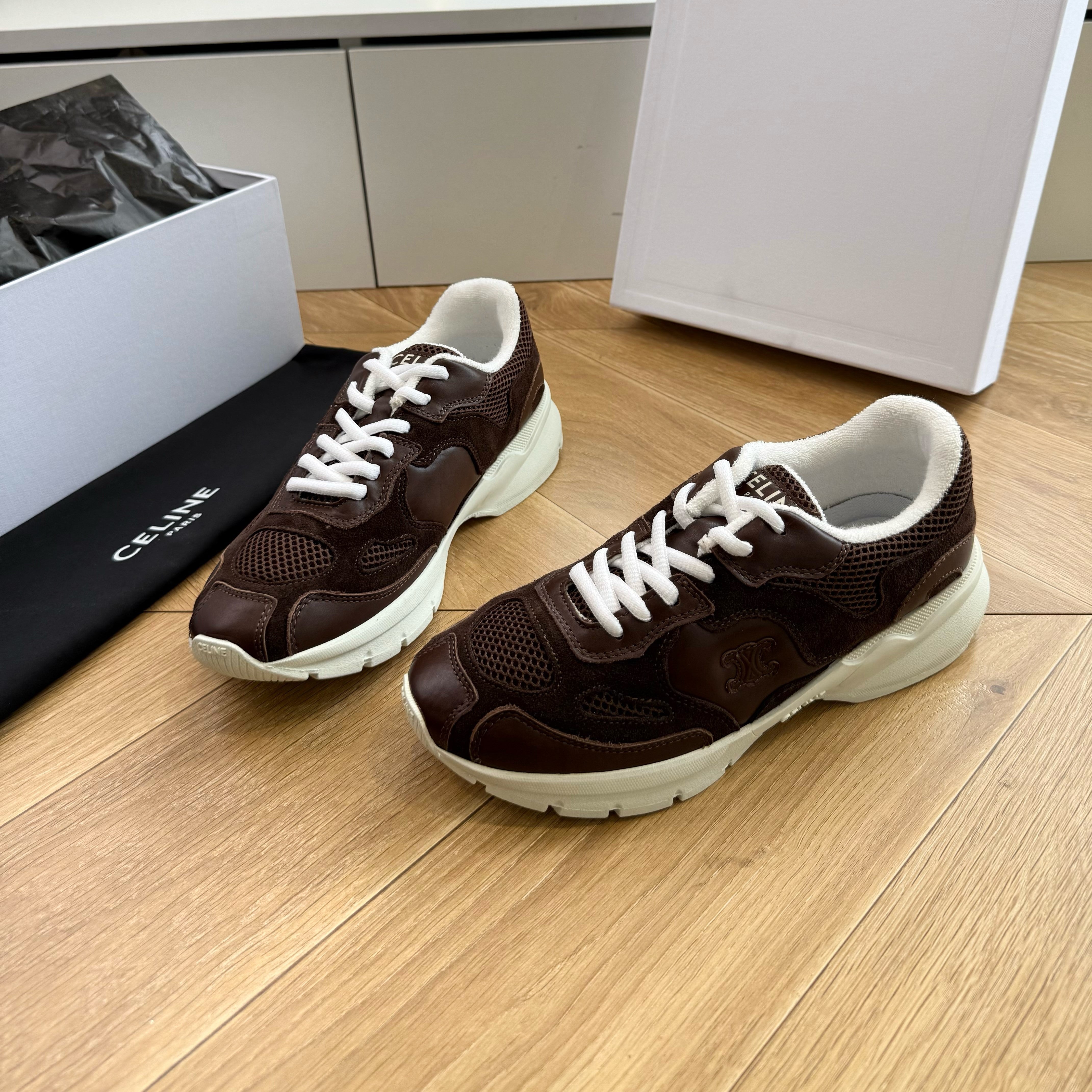 Celine 26s Runner Sneakers Coffee Mesh Suede Calfskin 967837