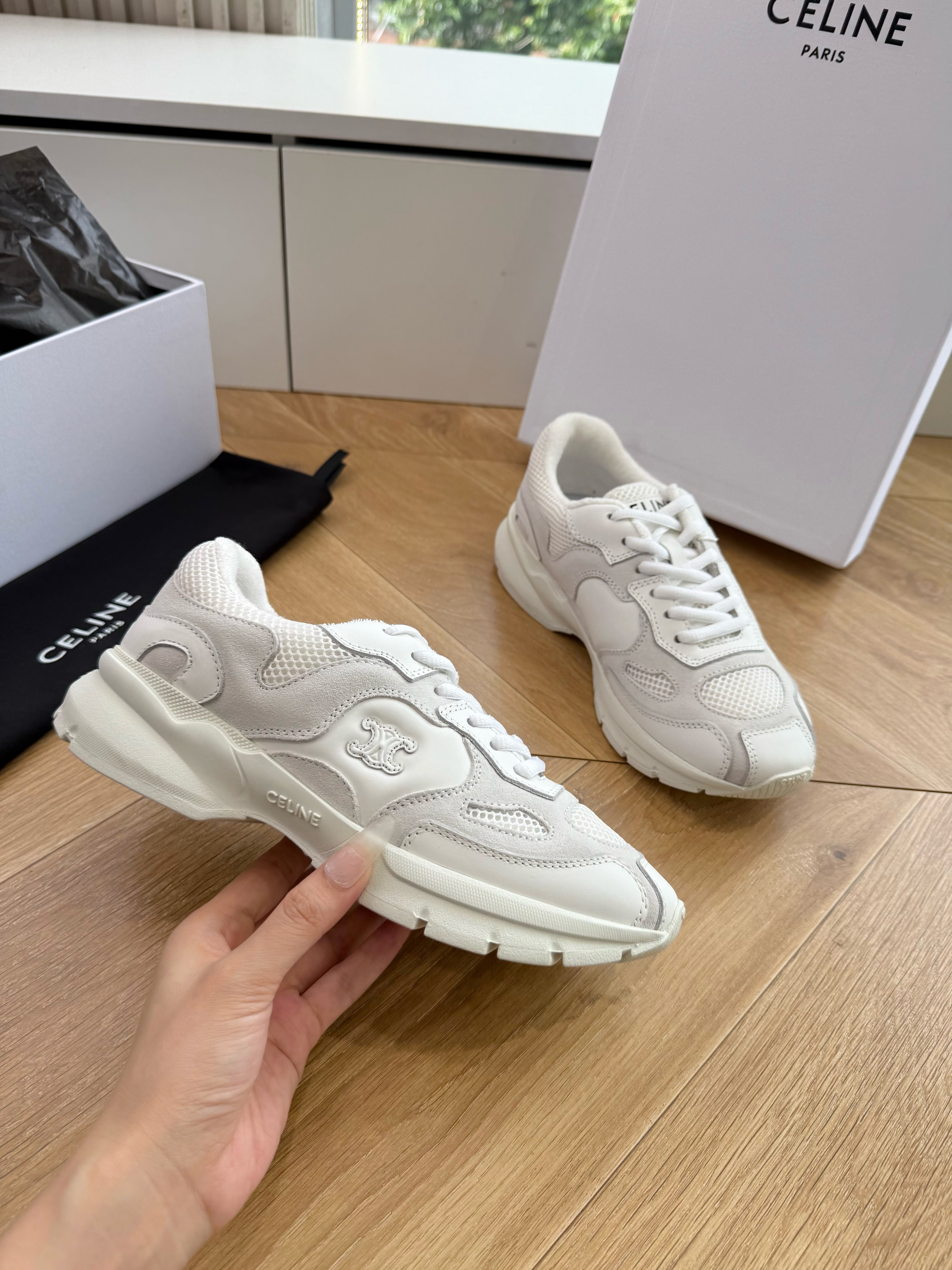 Celine 26s Runner Sneakers Off White Mesh Suede Calfskin 967838
