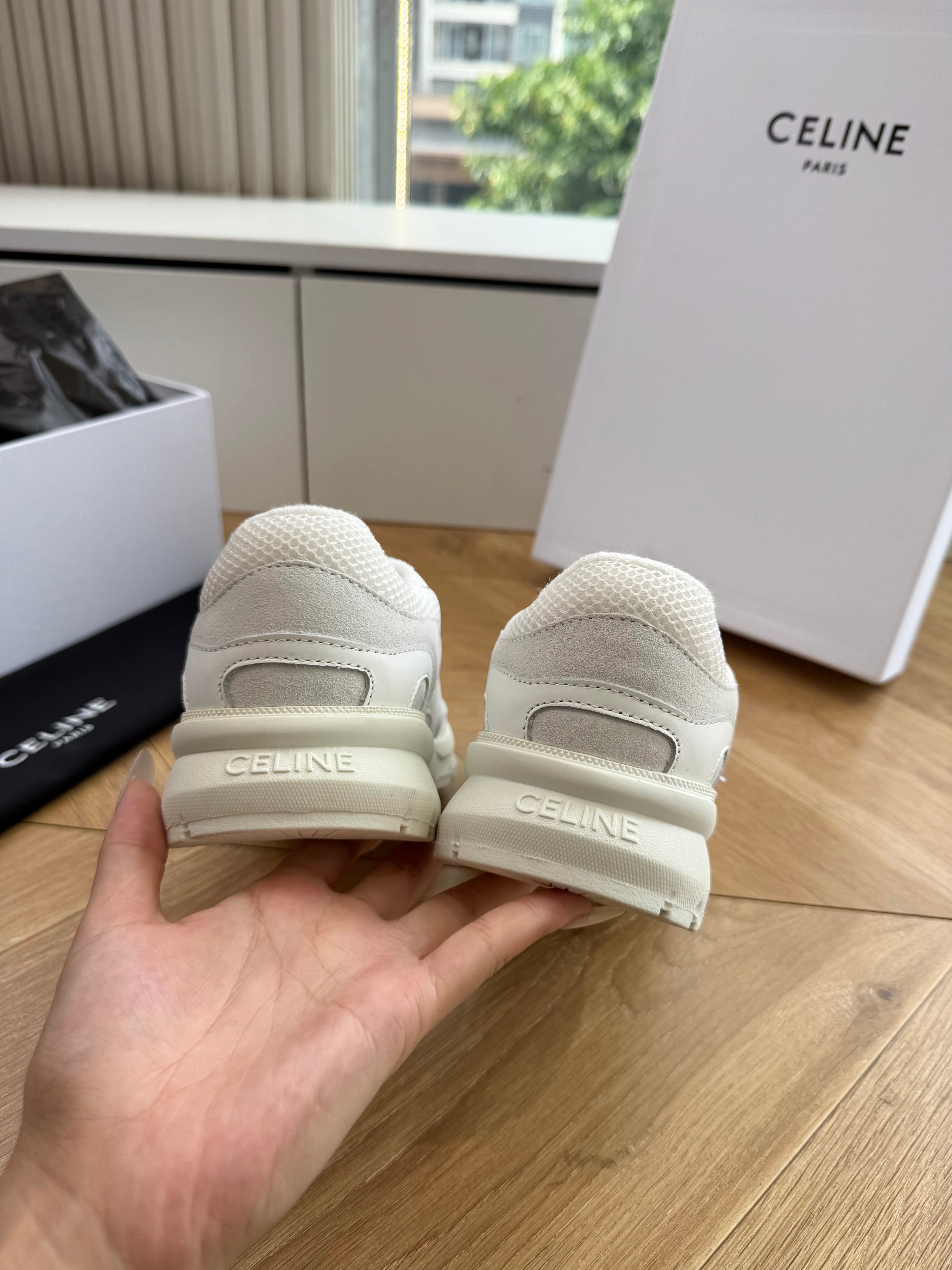 Celine 26s Runner Sneakers Off White Mesh Suede Calfskin 967838