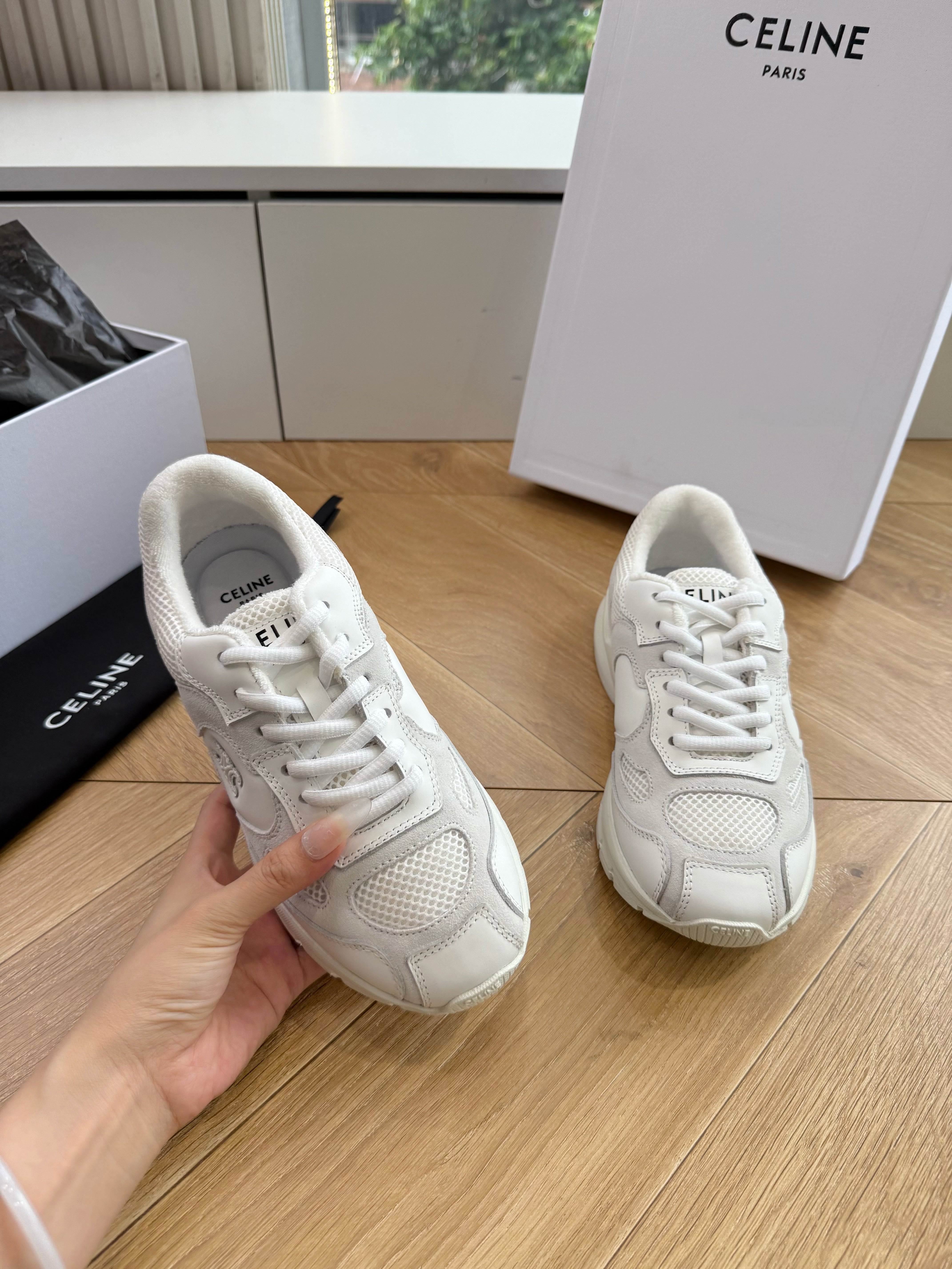 Celine 26s Runner Sneakers Off White Mesh Suede Calfskin 967838