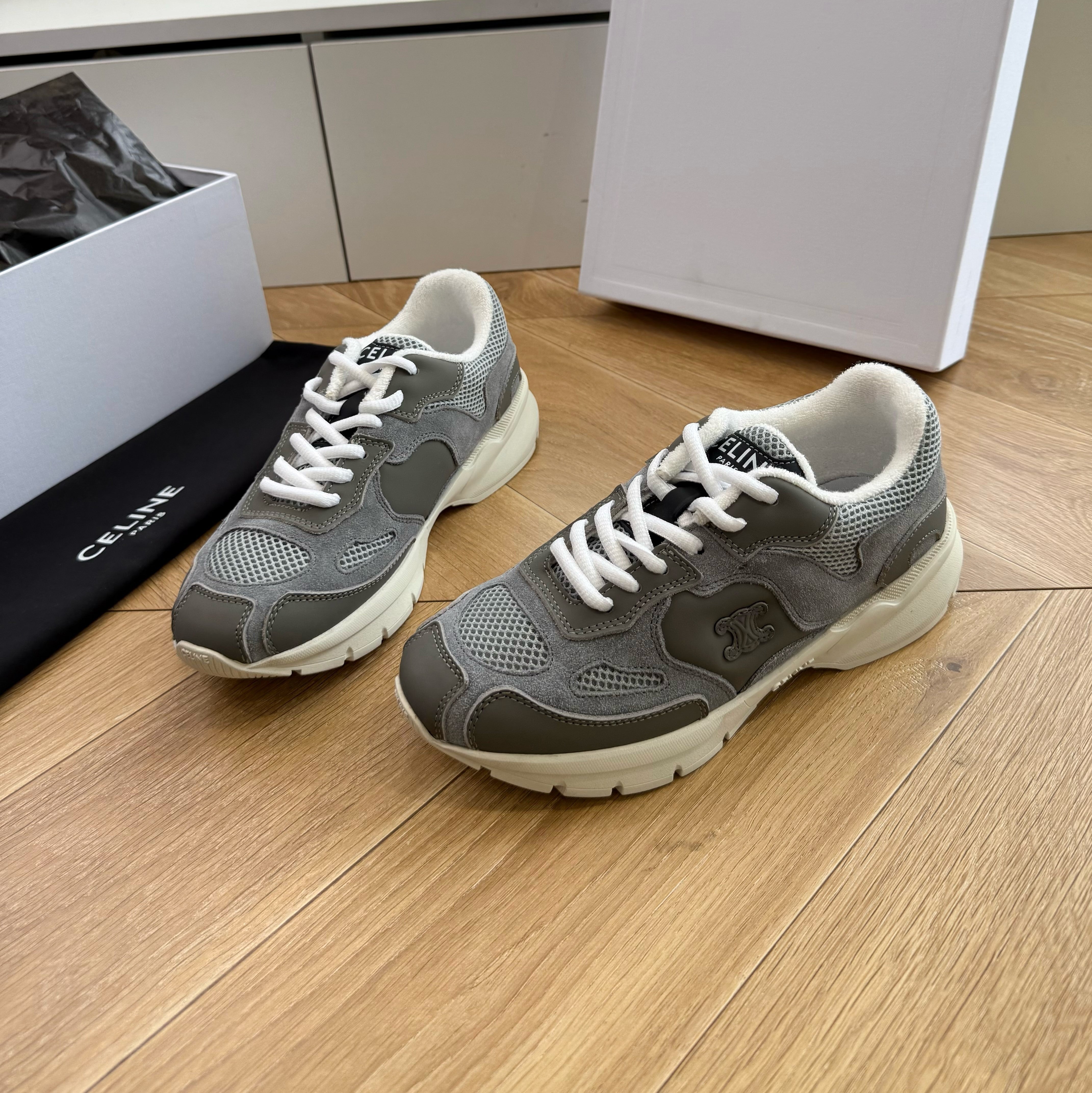 Celine 26s Runner Sneakers Grey/Ecru Mesh Suede Calfskin 967839