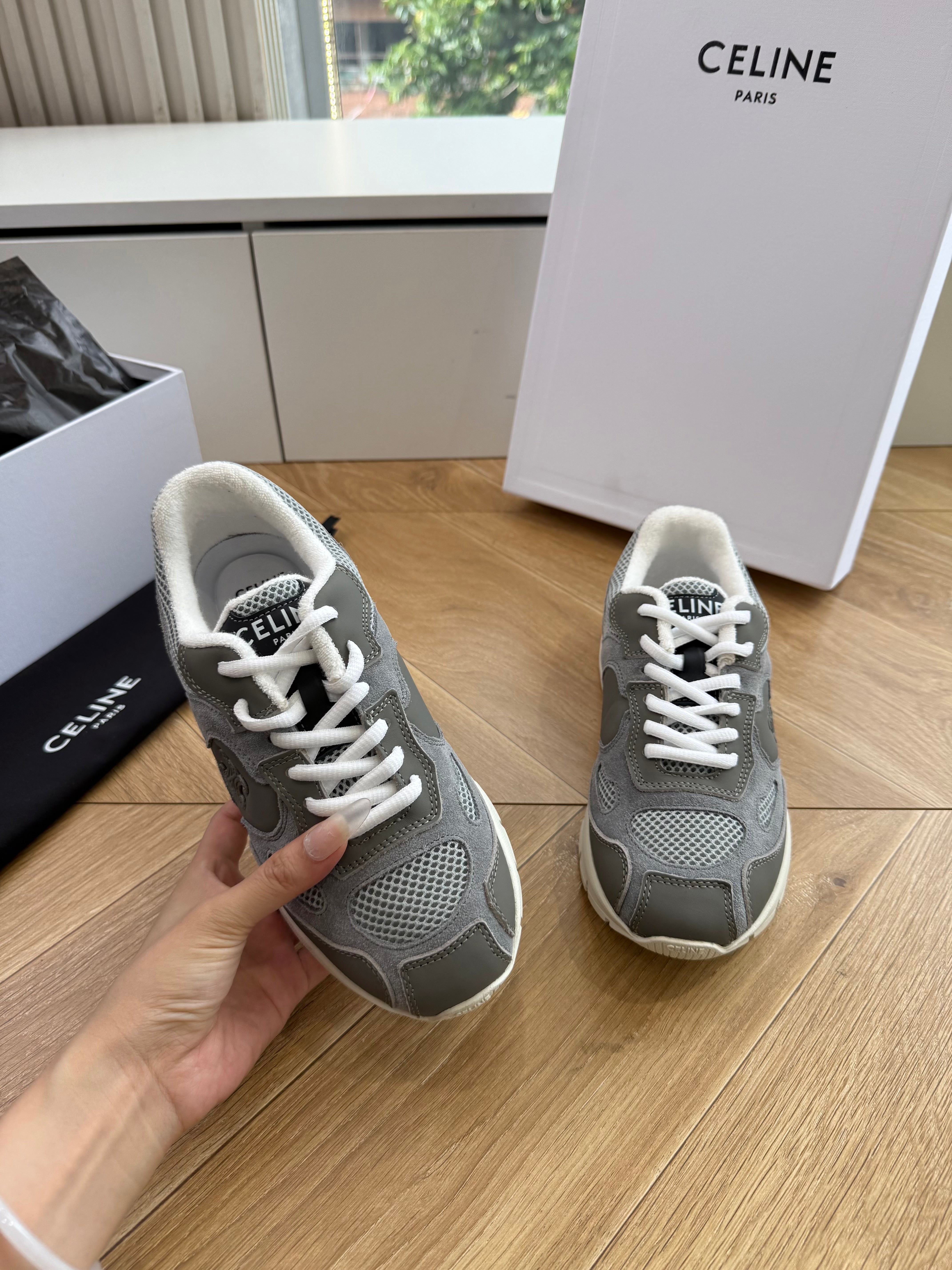 Celine 26s Runner Sneakers Grey/Ecru Mesh Suede Calfskin 967839