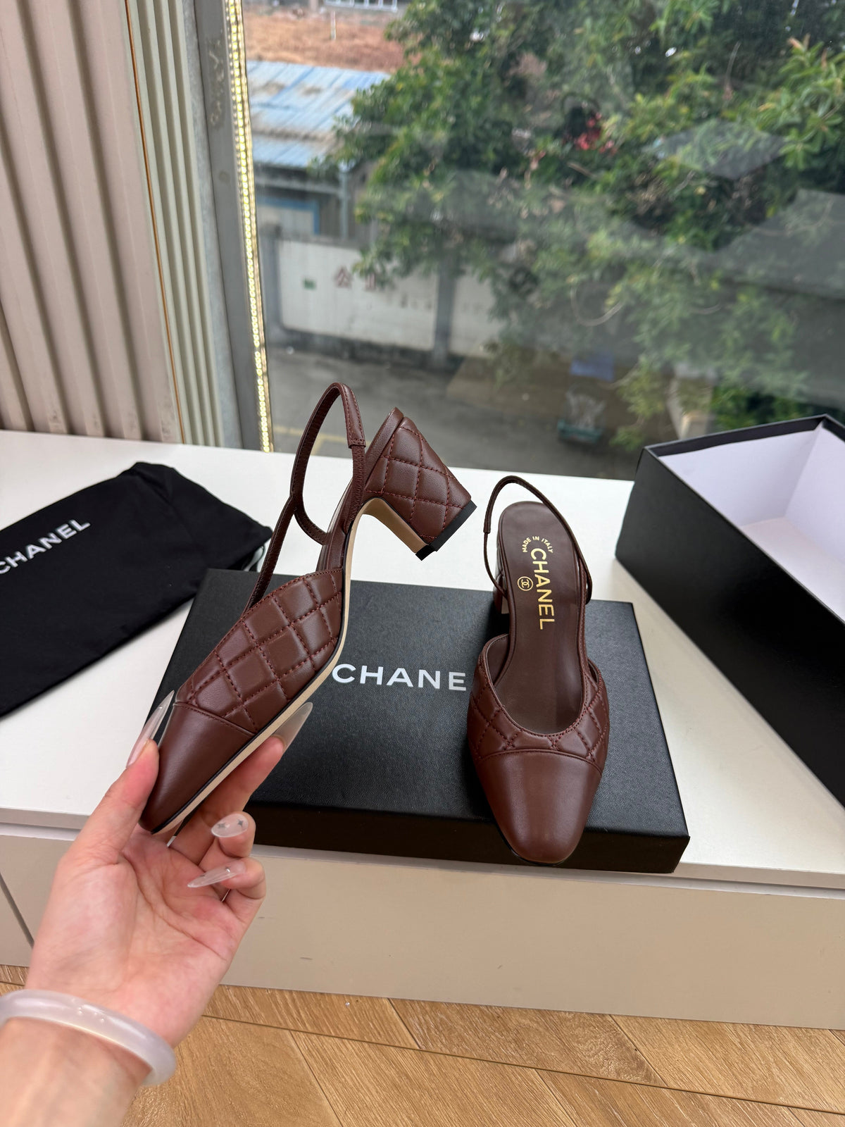 CC 26s Quilted Square Toe Slingback Pumps Brown Leather 126577