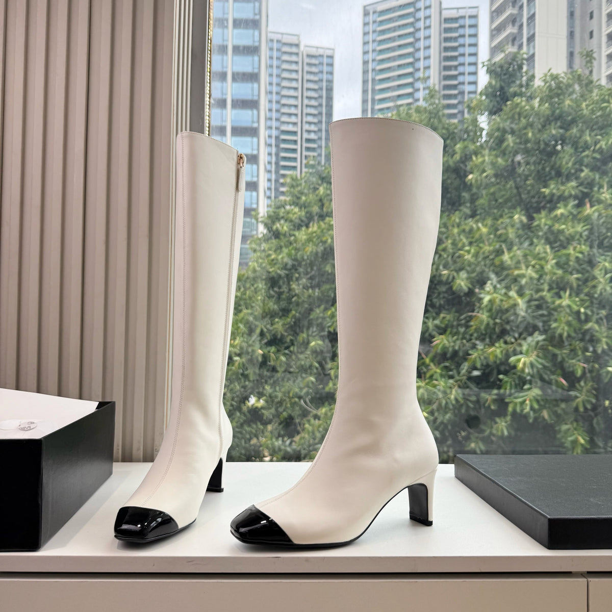CC 26s Cap Toe Knee High Boots White Leather 168813