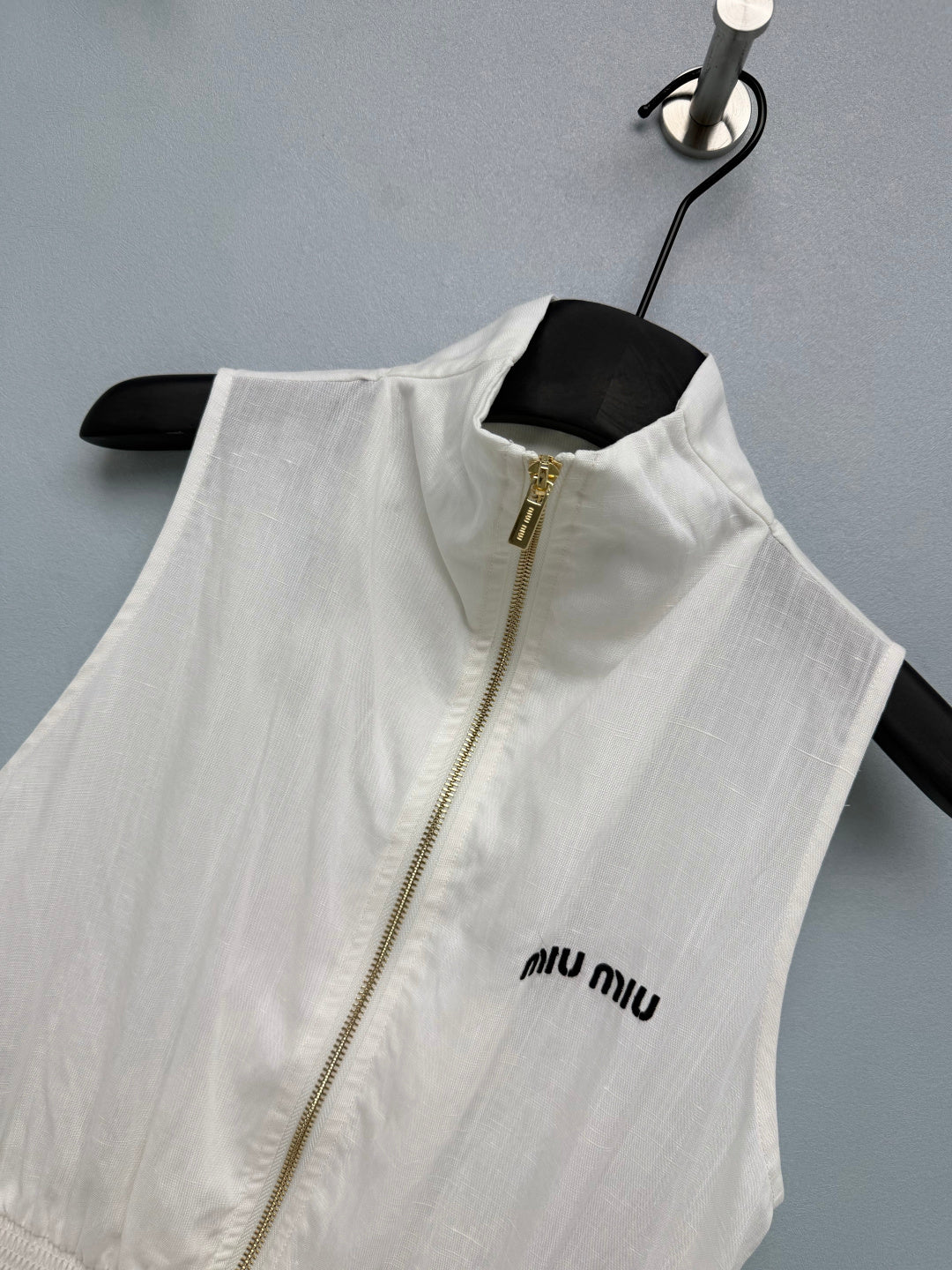 Miu Collar Zipper Sleeveless Waist-Cinching Dress White Linen 394352