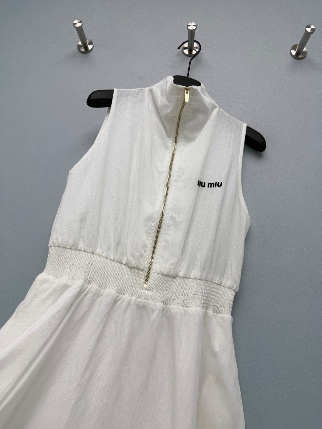 Miu Collar Zipper Sleeveless Waist-Cinching Dress White Linen 394352